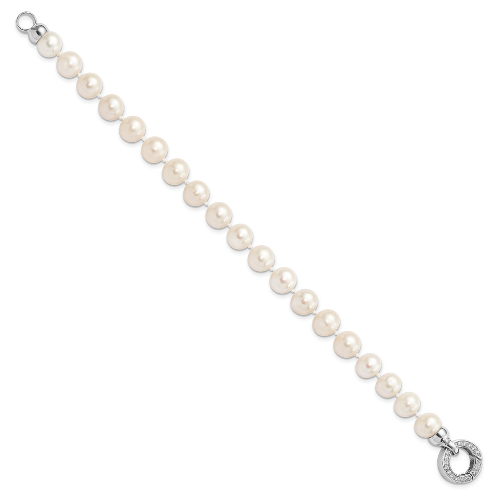 Sterling Silver Rhodium-plated 9-10mm White Near-Round Freshwater Cultured Pearl and CZ Fancy 7.5 inch Bracelet