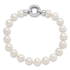 Sterling Silver Rhodium-plated 9-10mm White Near-Round Freshwater Cultured Pearl and CZ Fancy 7.5 inch Bracelet