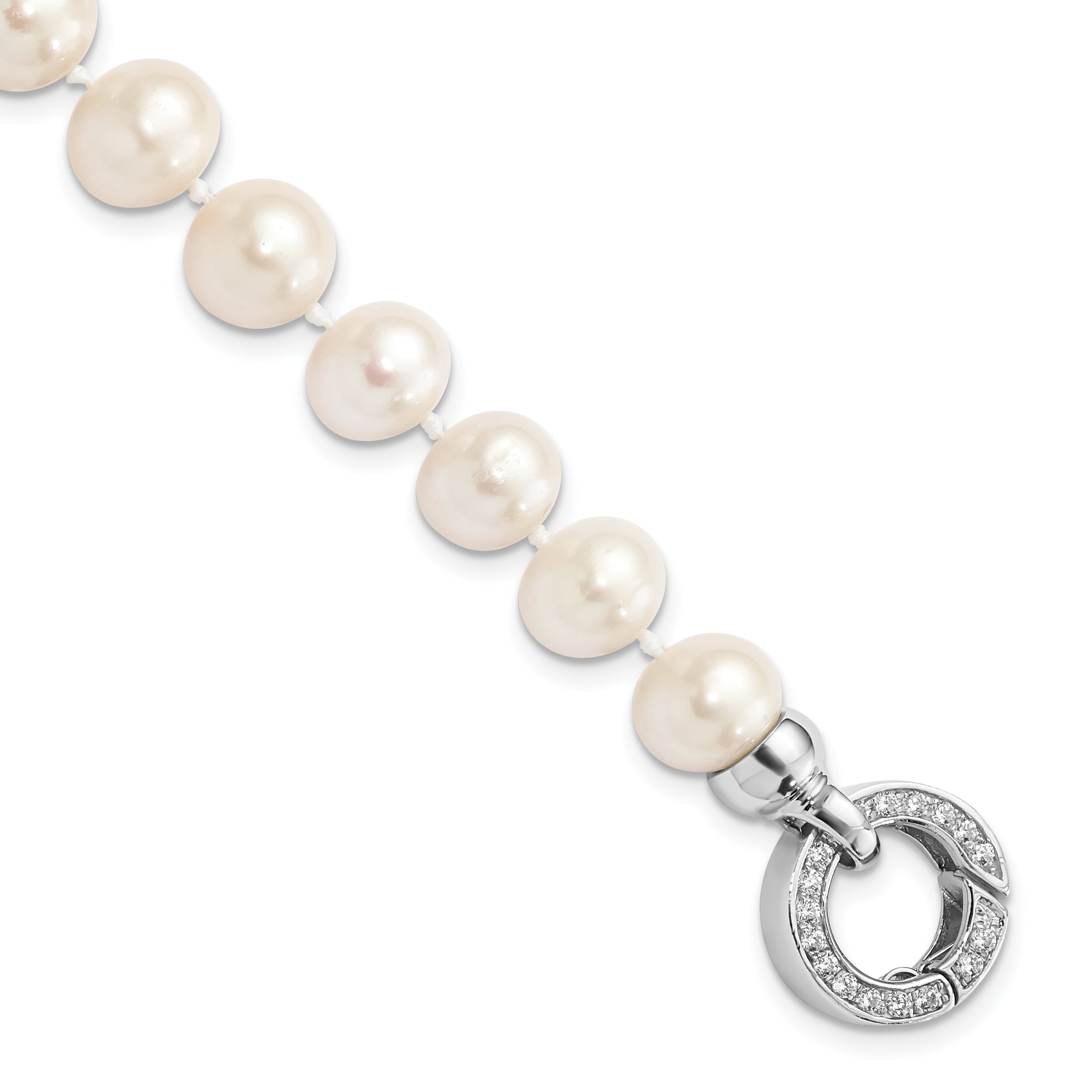 Sterling Silver Rhodium-plated 9-10mm White Near-Round Freshwater Cultured Pearl and CZ Fancy 7.5 inch Bracelet Main image
