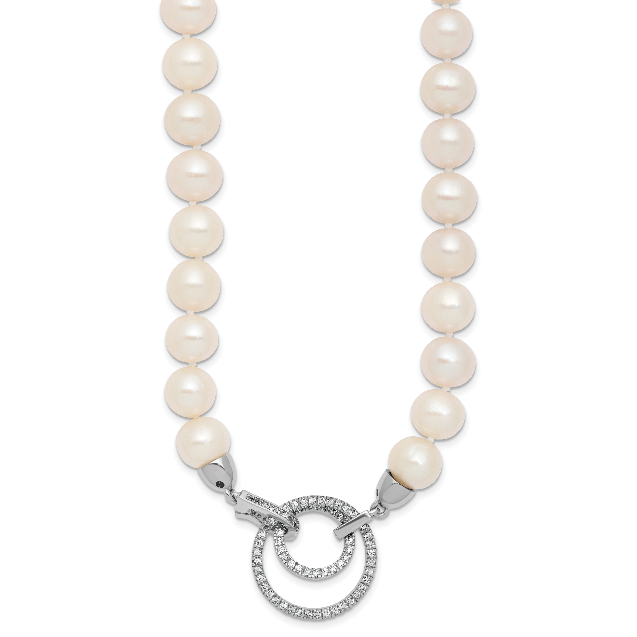 Sterling Silver Rhodium-plated 10-11mm White Near-Round Freshwater Cultured Pearl and CZ Clasp Adjustable 19.5 inch Necklace Secondary image