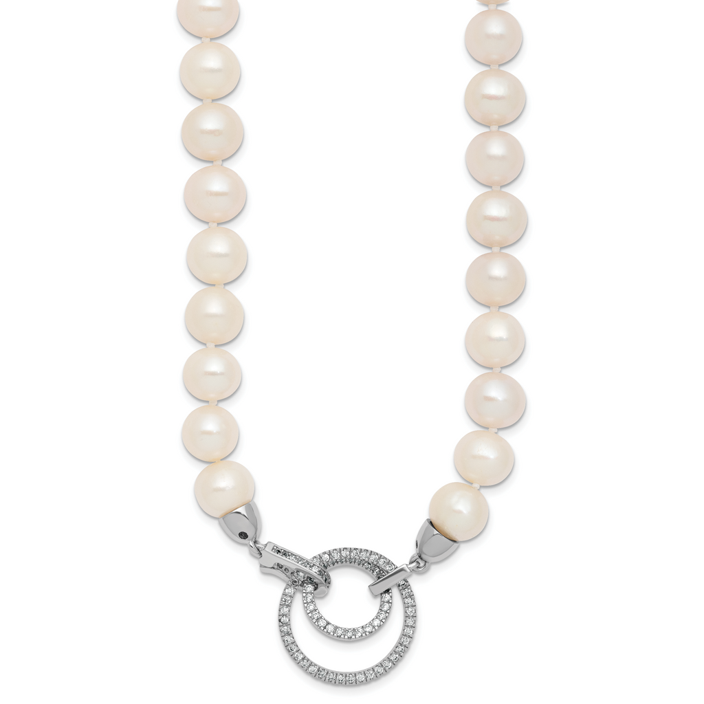 Sterling Silver Rhodium-plated 10-11mm White Near-Round Freshwater Cultured Pearl and CZ Clasp Adjustable 19.5 inch Necklace