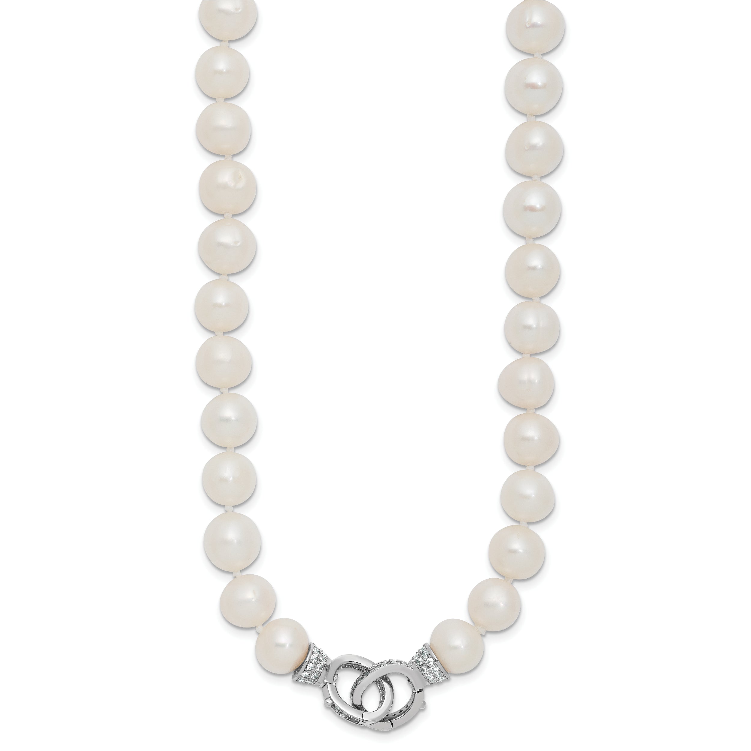 Sterling Silver Rhodium-plated 9-10mm White Near-Round Freshwater Cultured Pearl and CZ Clasp Adjustable 18 inch Necklace