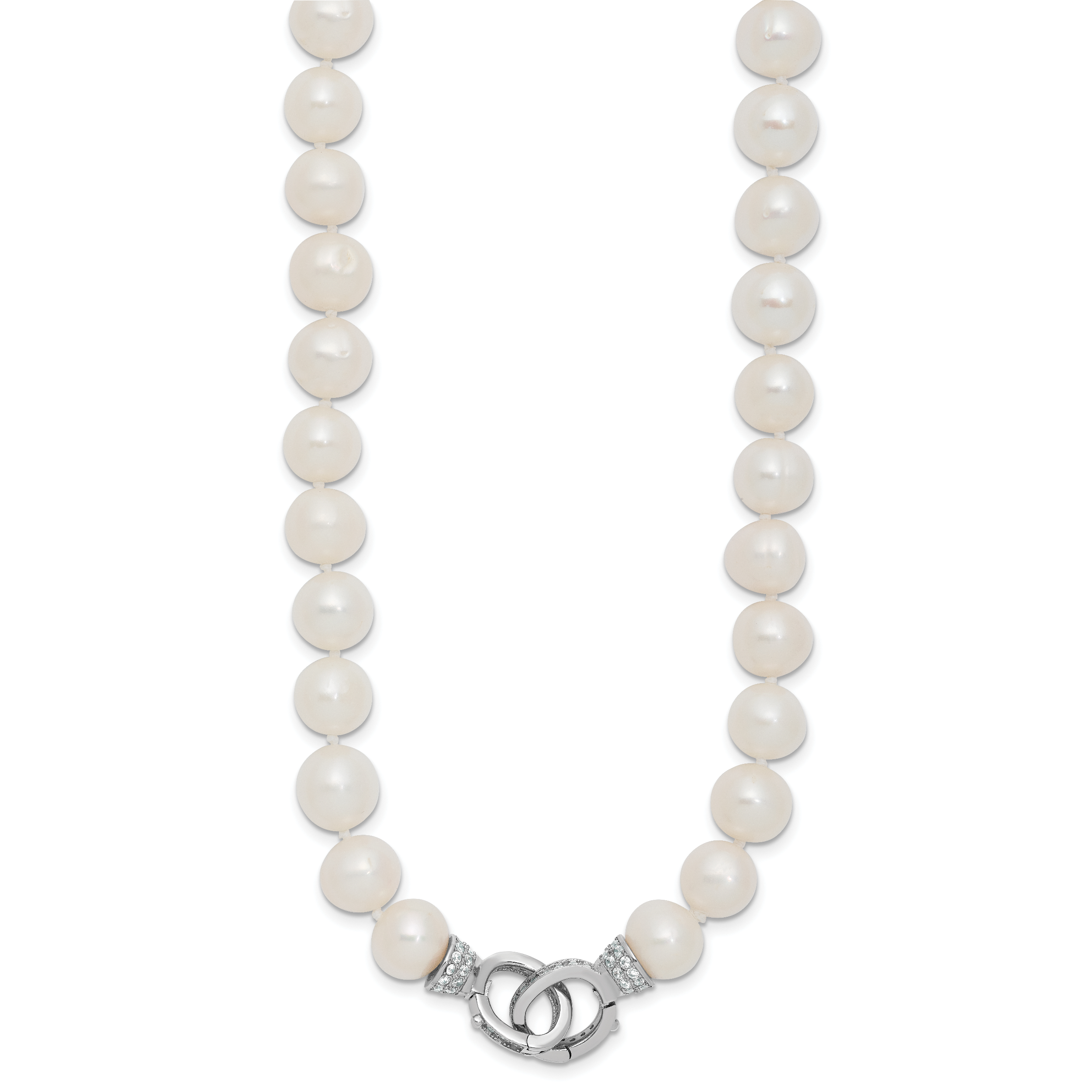 Sterling Silver Rhodium-plated 9-10mm White Near-Round Freshwater Cultured Pearl and CZ Clasp Adjustable 18 inch Necklace Secondary image