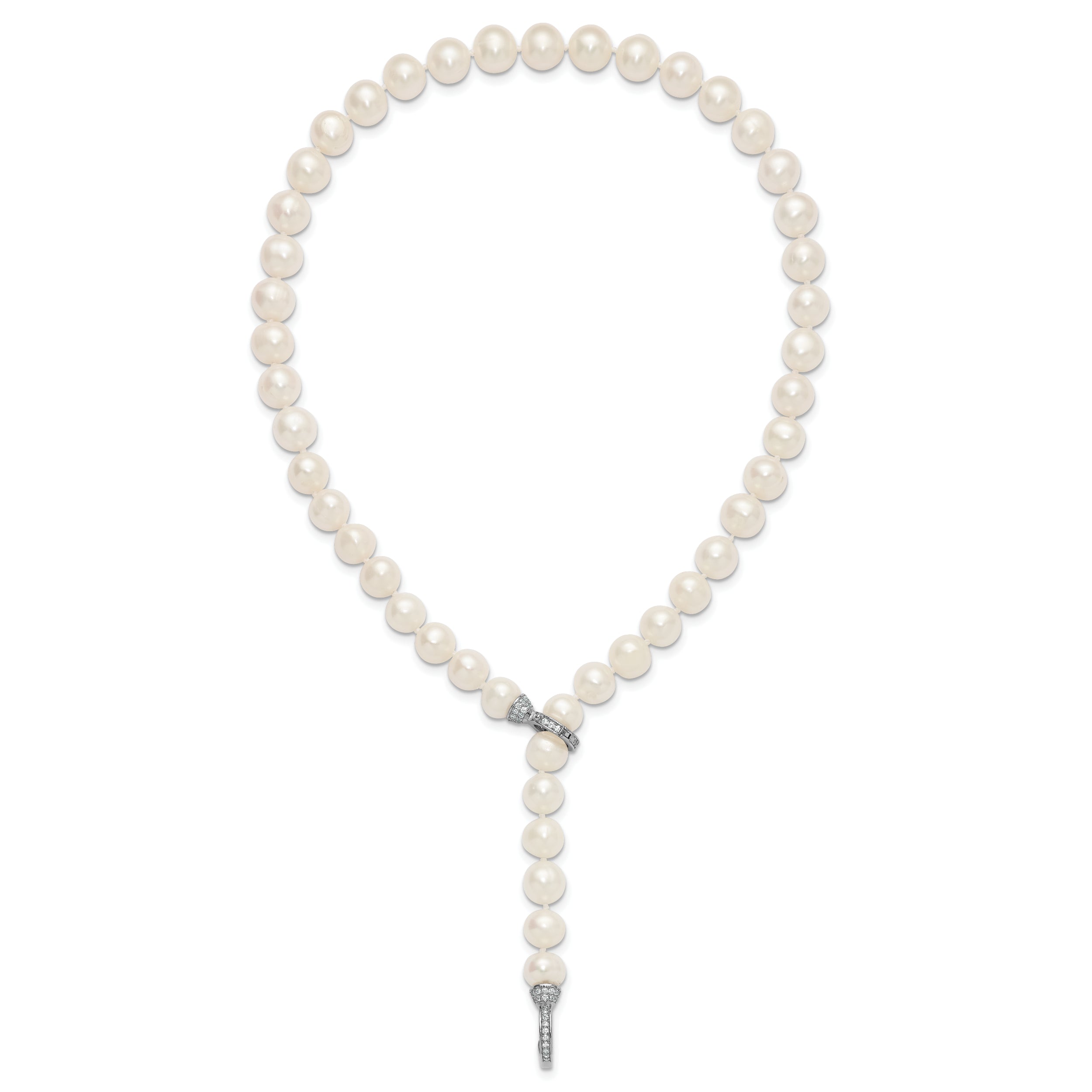 Sterling Silver Rhodium-plated 9-10mm White Near-Round Freshwater Cultured Pearl and CZ Clasp Adjustable 18 inch Necklace