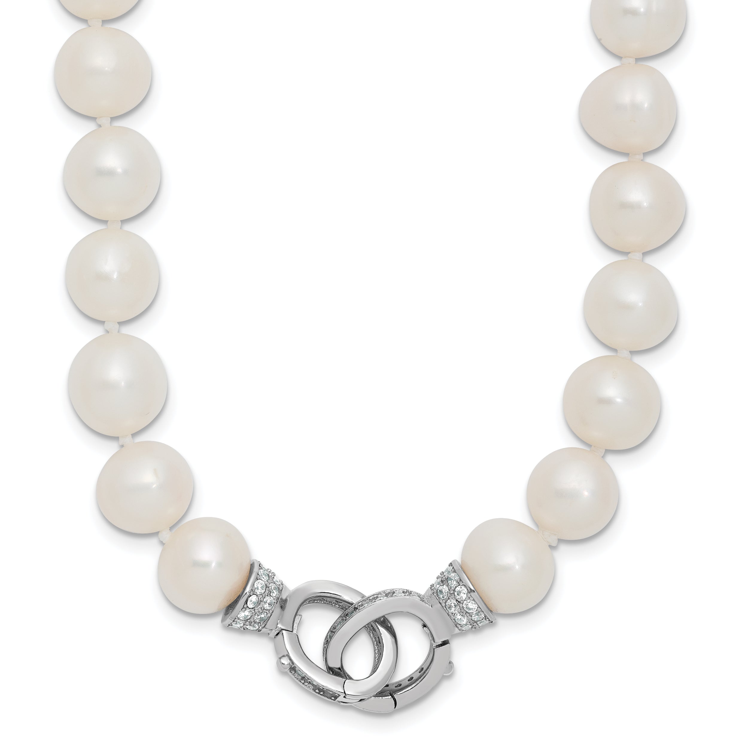 Sterling Silver Rhodium-plated 9-10mm White Near-Round Freshwater Cultured Pearl and CZ Clasp Adjustable 18 inch Necklace