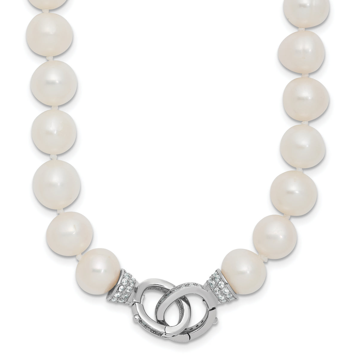 Sterling Silver Rhodium-plated 9-10mm White Near-Round Freshwater Cultured Pearl and CZ Clasp Adjustable 18 inch Necklace