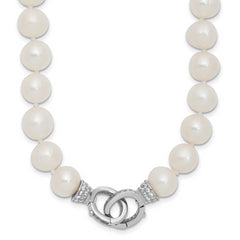 Sterling Silver Rhodium-plated 9-10mm White Near-Round Freshwater Cultured Pearl and CZ Clasp Adjustable 18 inch Necklace