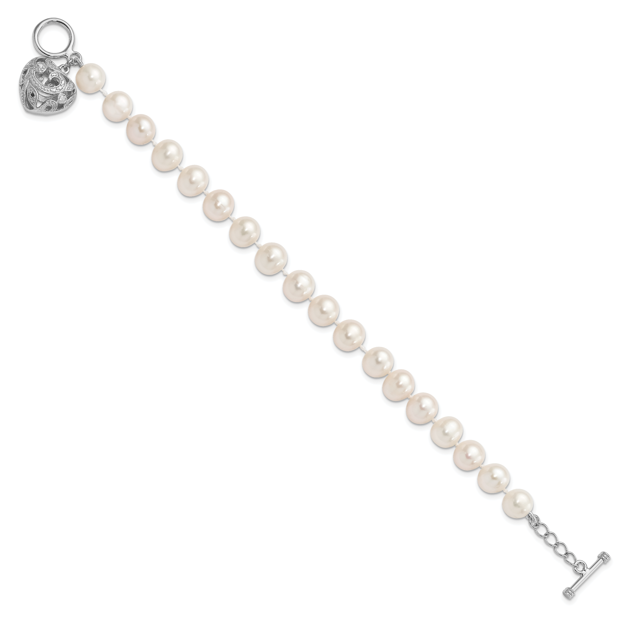 Sterling Silver Rhodium-plated 8-9mm White Near-Round Freshwater Cultured Pearl Heart Toggle 7.5 inch Bracelet Secondary image