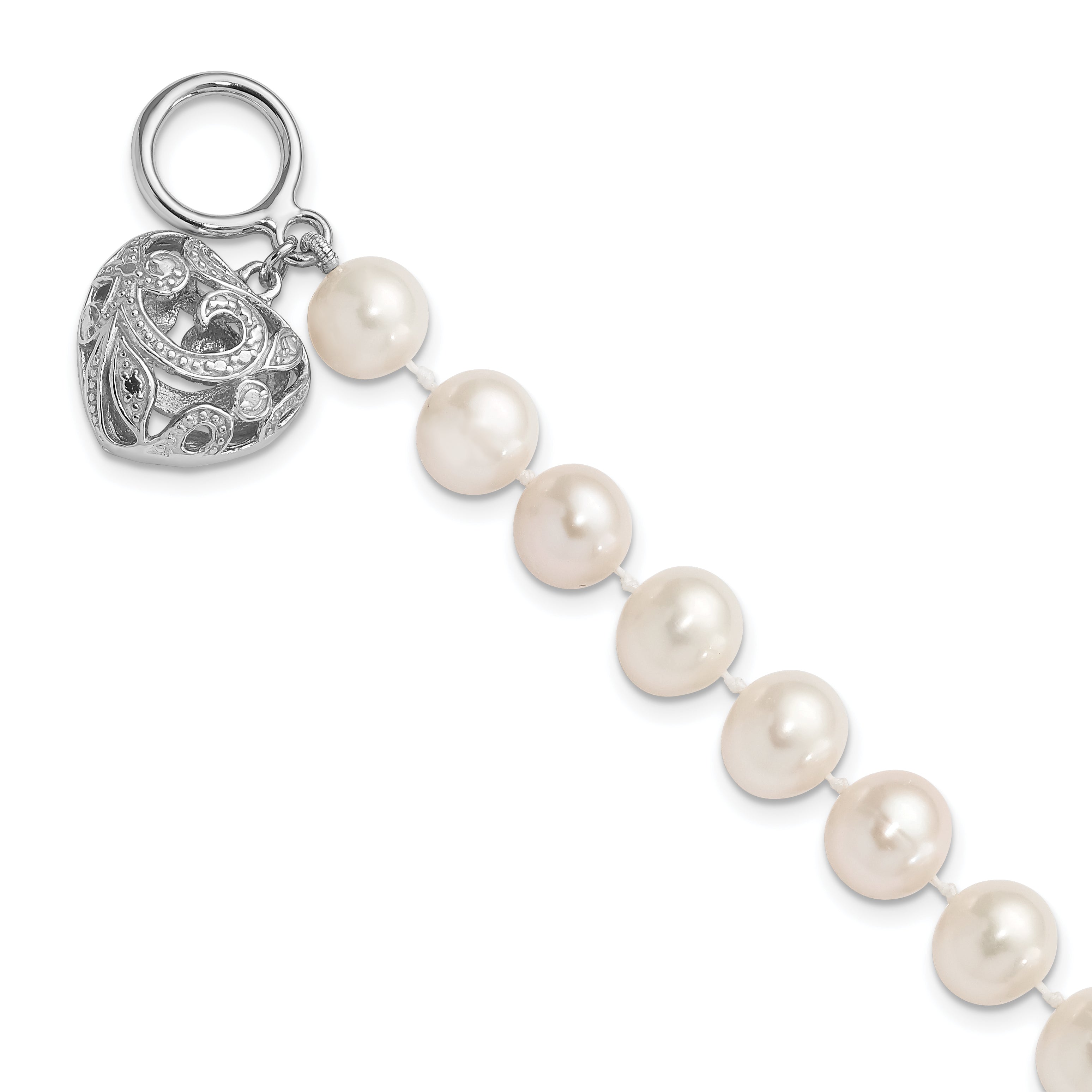 Sterling Silver Rhodium-plated 8-9mm White Near-Round Freshwater Cultured Pearl Heart Toggle 7.5 inch Bracelet Main image