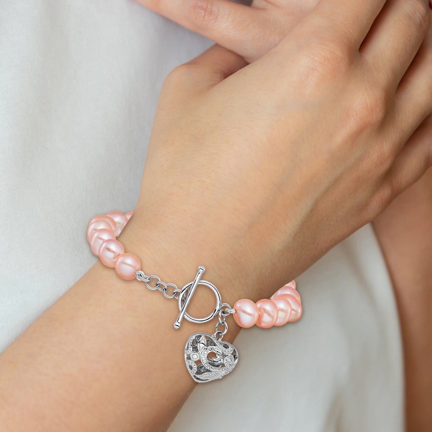 Sterling Silver RH-plated 9-10mm Pink FWC Pearl Heart 7.5in Bracelet