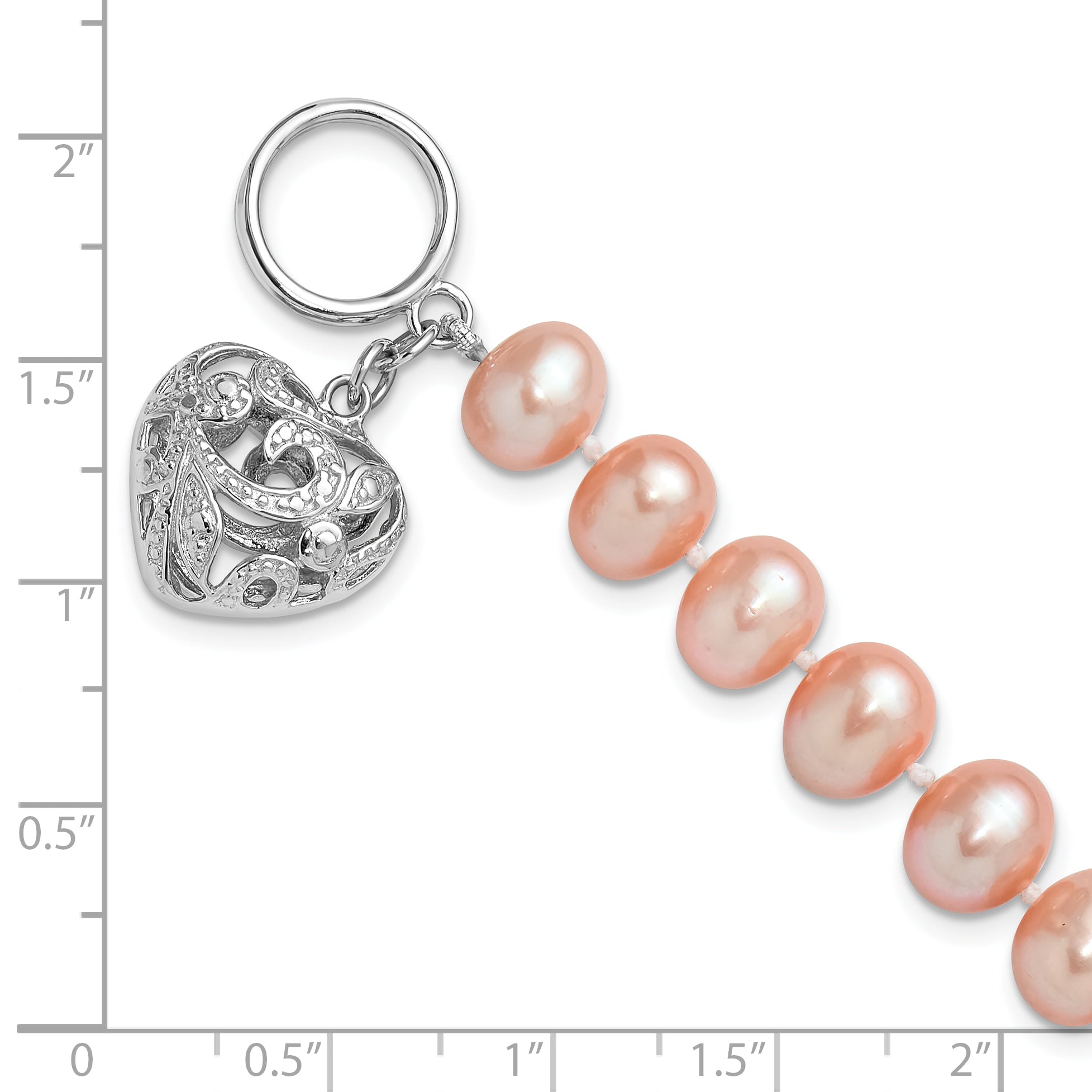 Sterling Silver RH-plated 9-10mm Pink FWC Pearl Heart 7.5in Bracelet