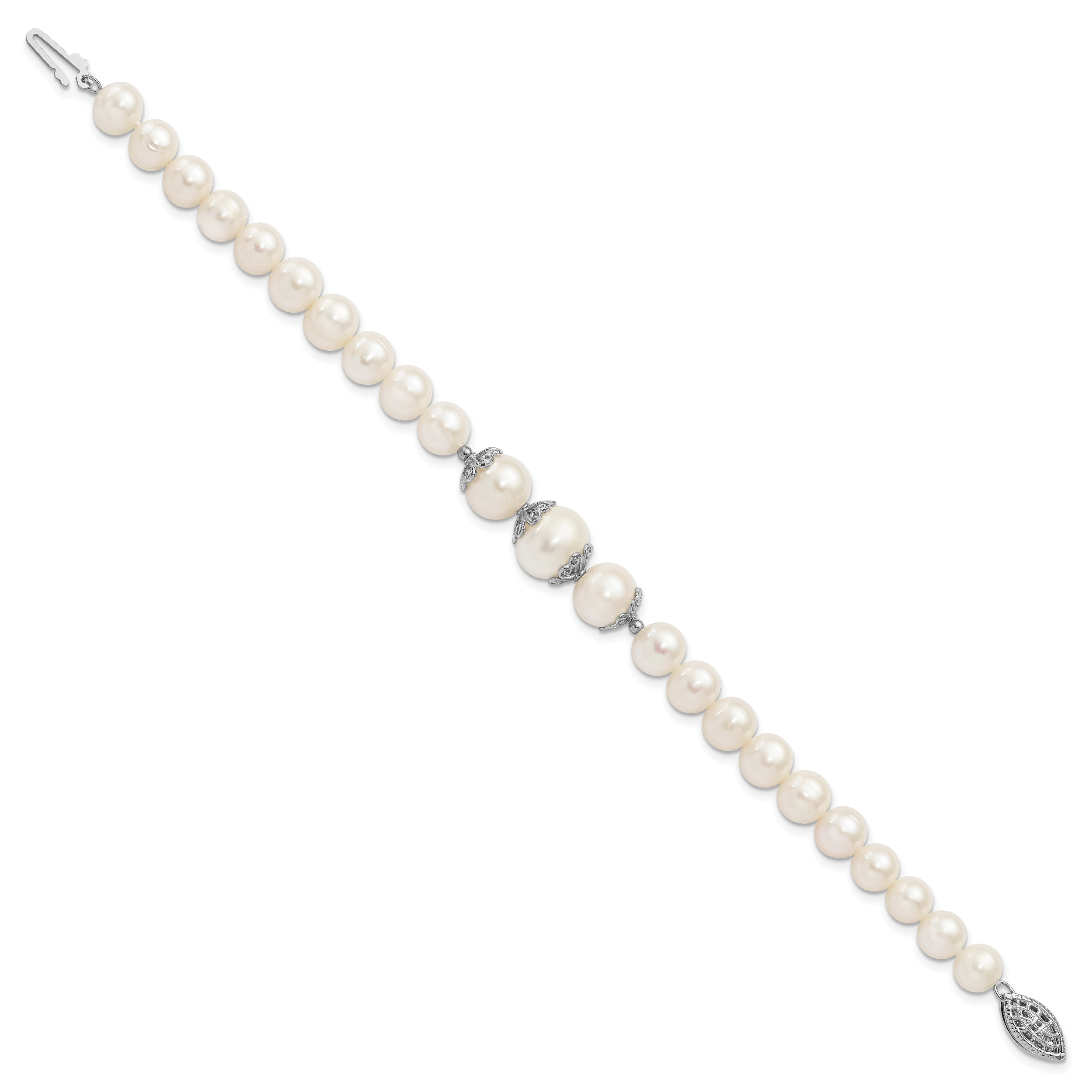 Sterling Silver Rhodium-plated 7-10mm White Near-Round Freshwater Cultured Pearl Fancy 7 inch Bracelet Secondary image
