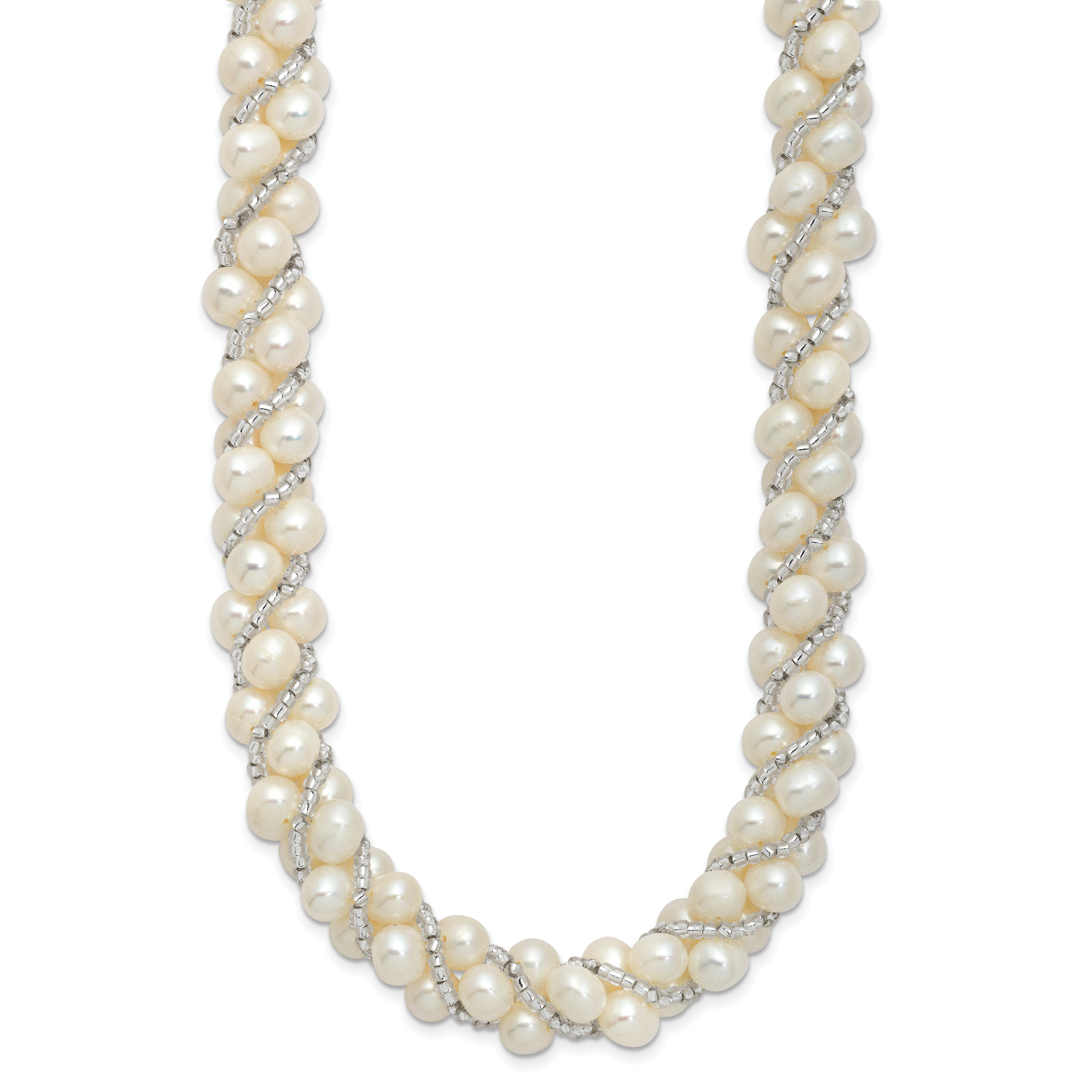 Sterling Silver Rhodium-plated 6-7mm White Near-Round Pearl and Glass Beaded Twisted 18 inch Necklace Secondary image