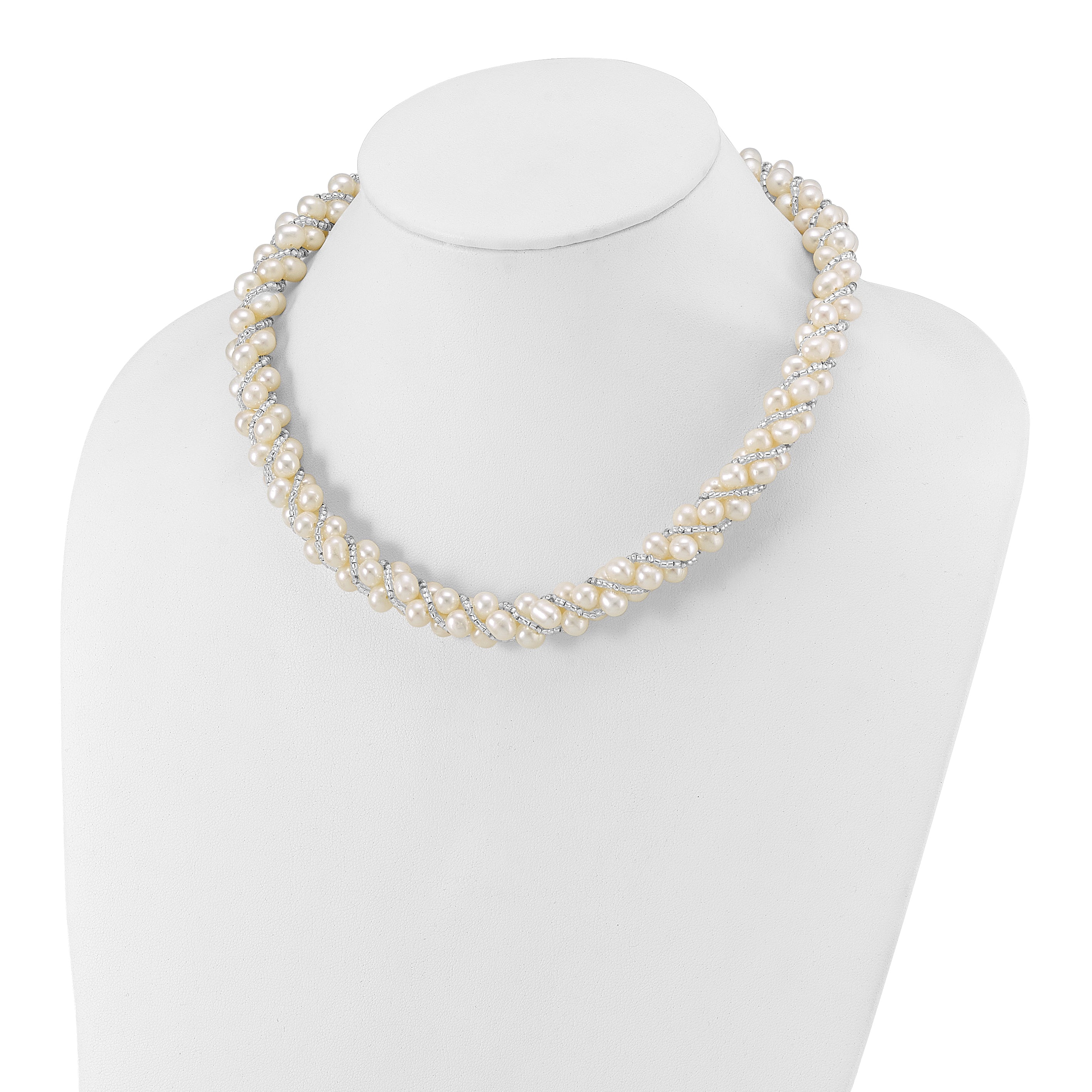 Sterling Silver Rhodium-plated 6-7mm White Near-Round Pearl and Glass Beaded Twisted 18 inch Necklace