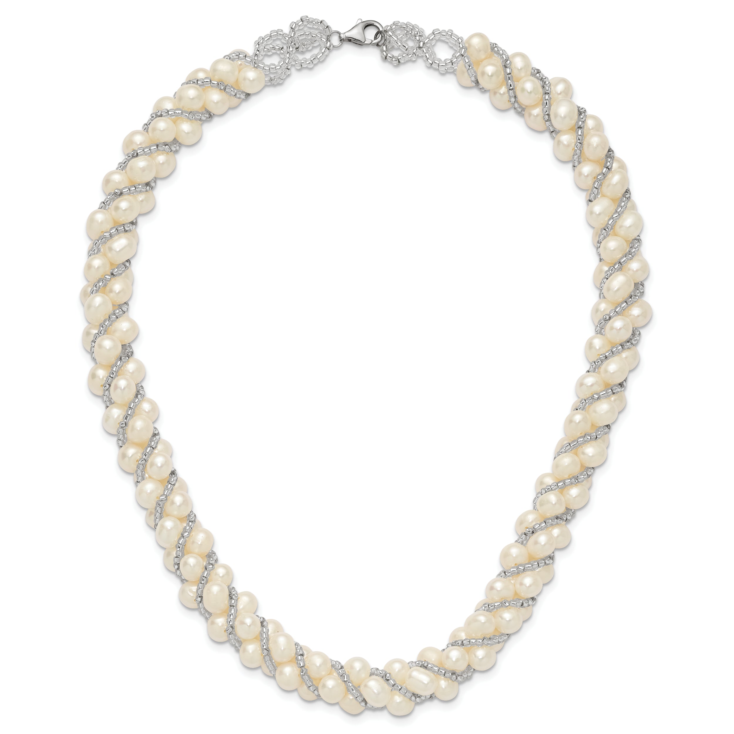 Sterling Silver Rhodium-plated 6-7mm White Near-Round Pearl and Glass Beaded Twisted 18 inch Necklace