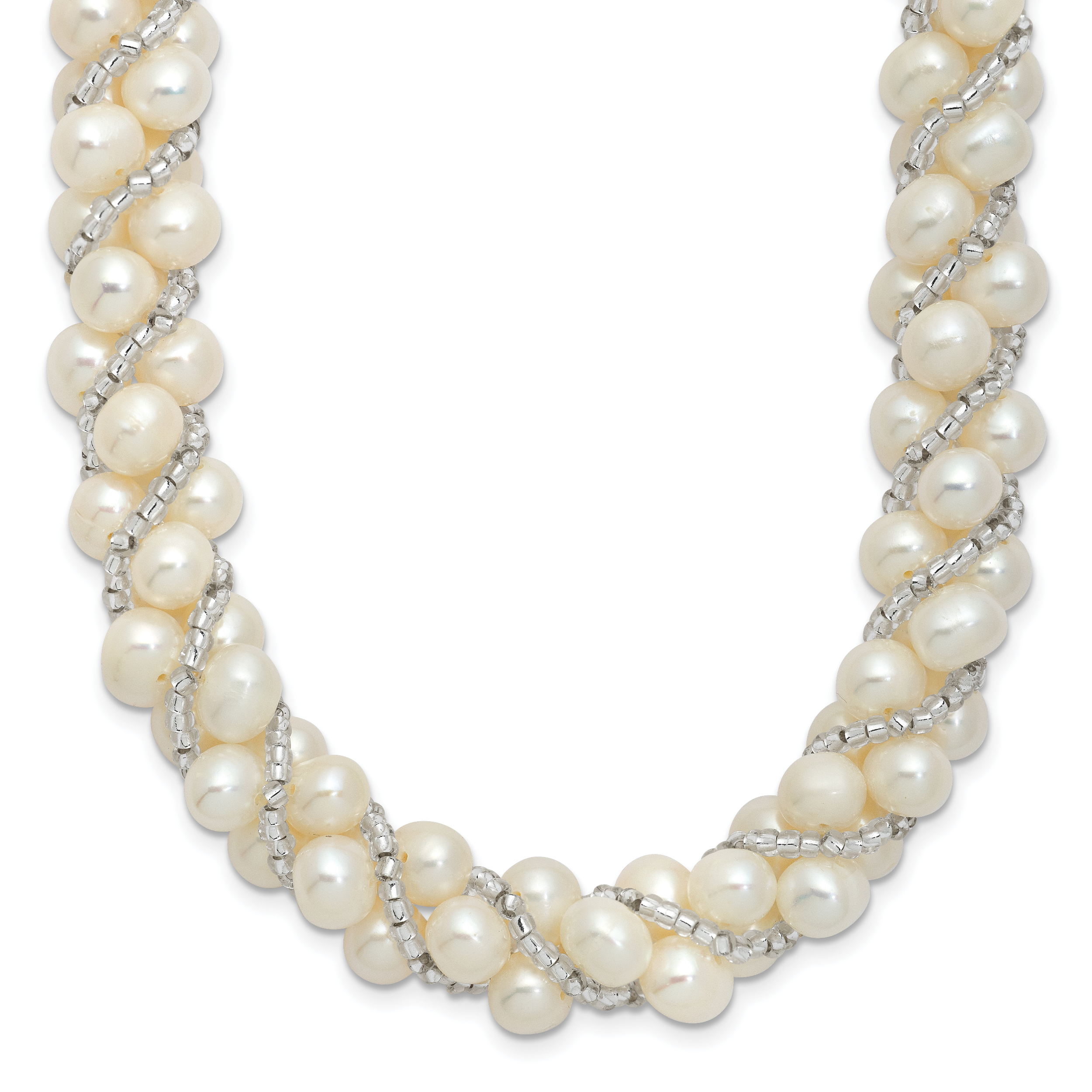 Sterling Silver Rhodium-plated 6-7mm White Near-Round Pearl and Glass Beaded Twisted 18 inch Necklace Main image