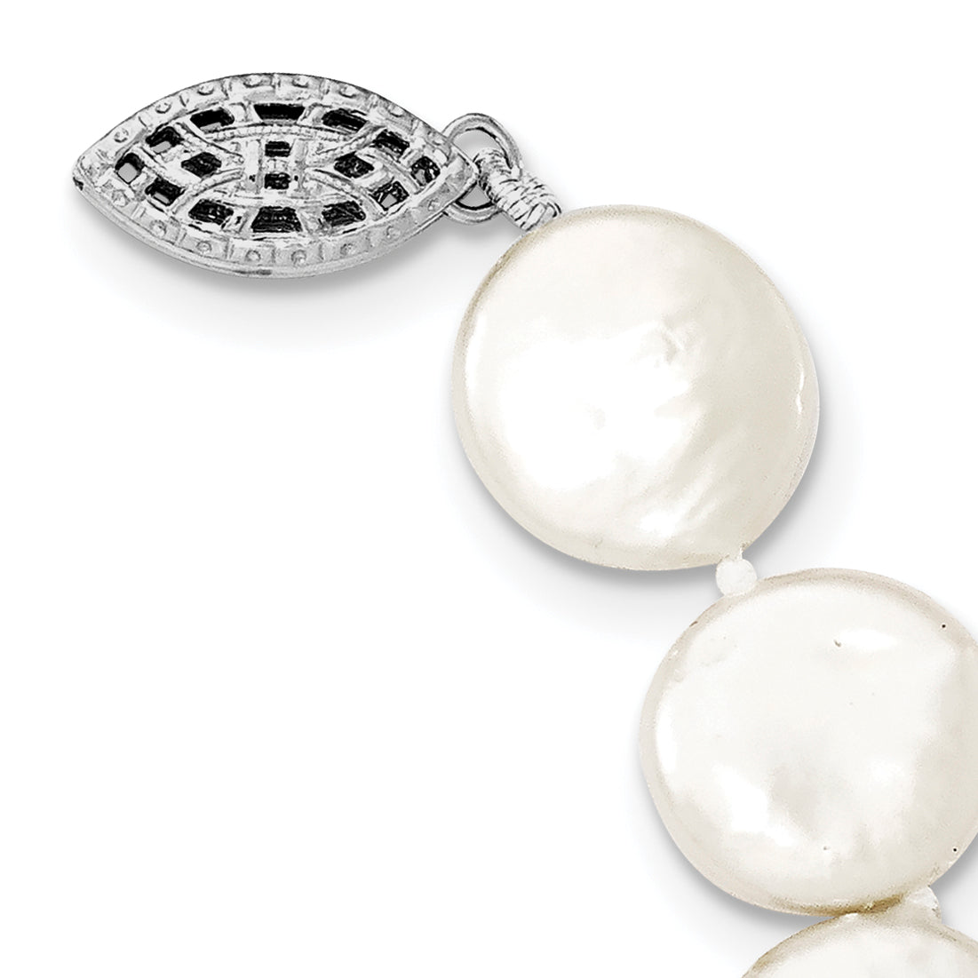 Sterling Silver Rhodium-plated 10-11mm White Coin Freshwater Cultured Pearl 18 inch Necklace