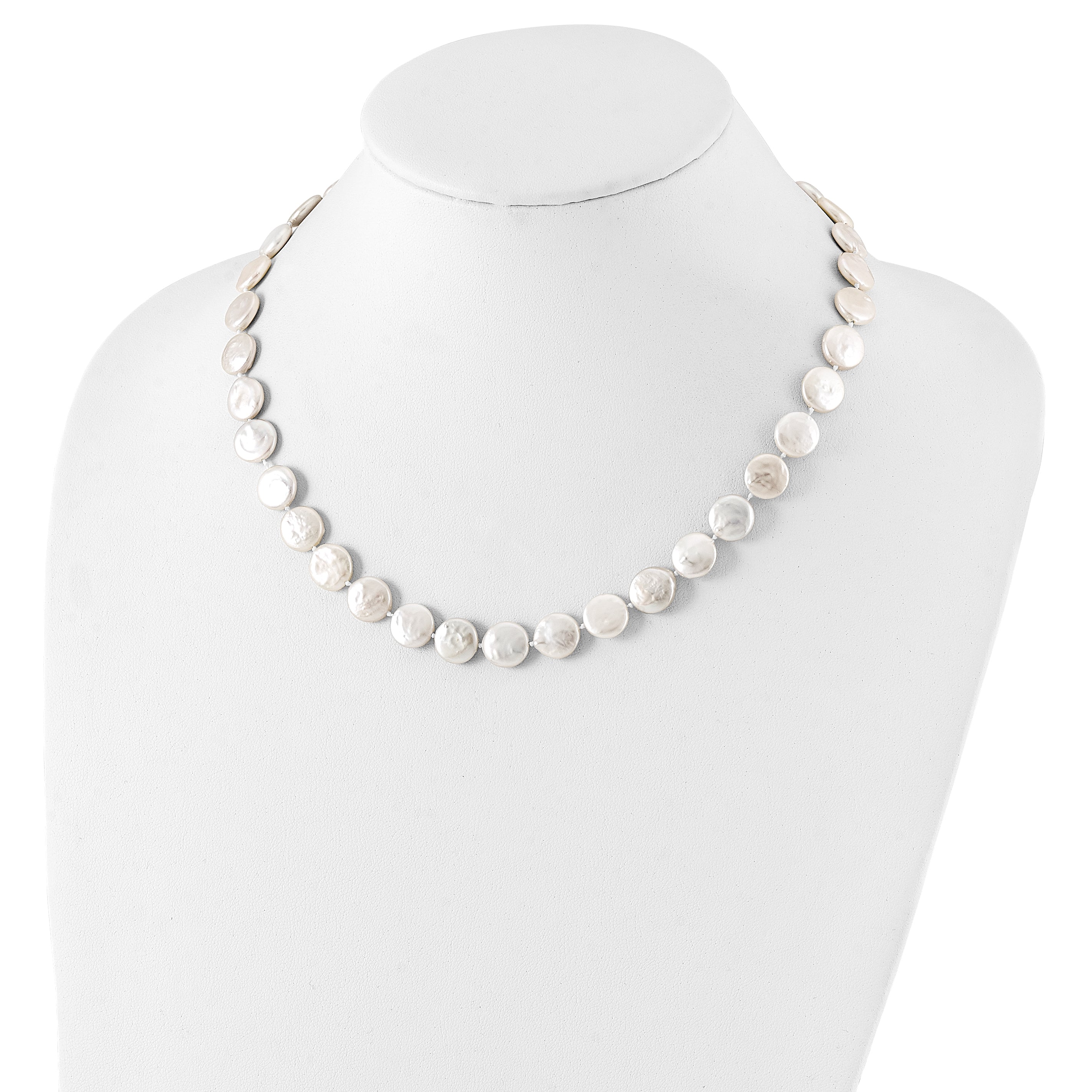 Sterling Silver Rhodium-plated 10-11mm White Coin Freshwater Cultured Pearl 18 inch Necklace