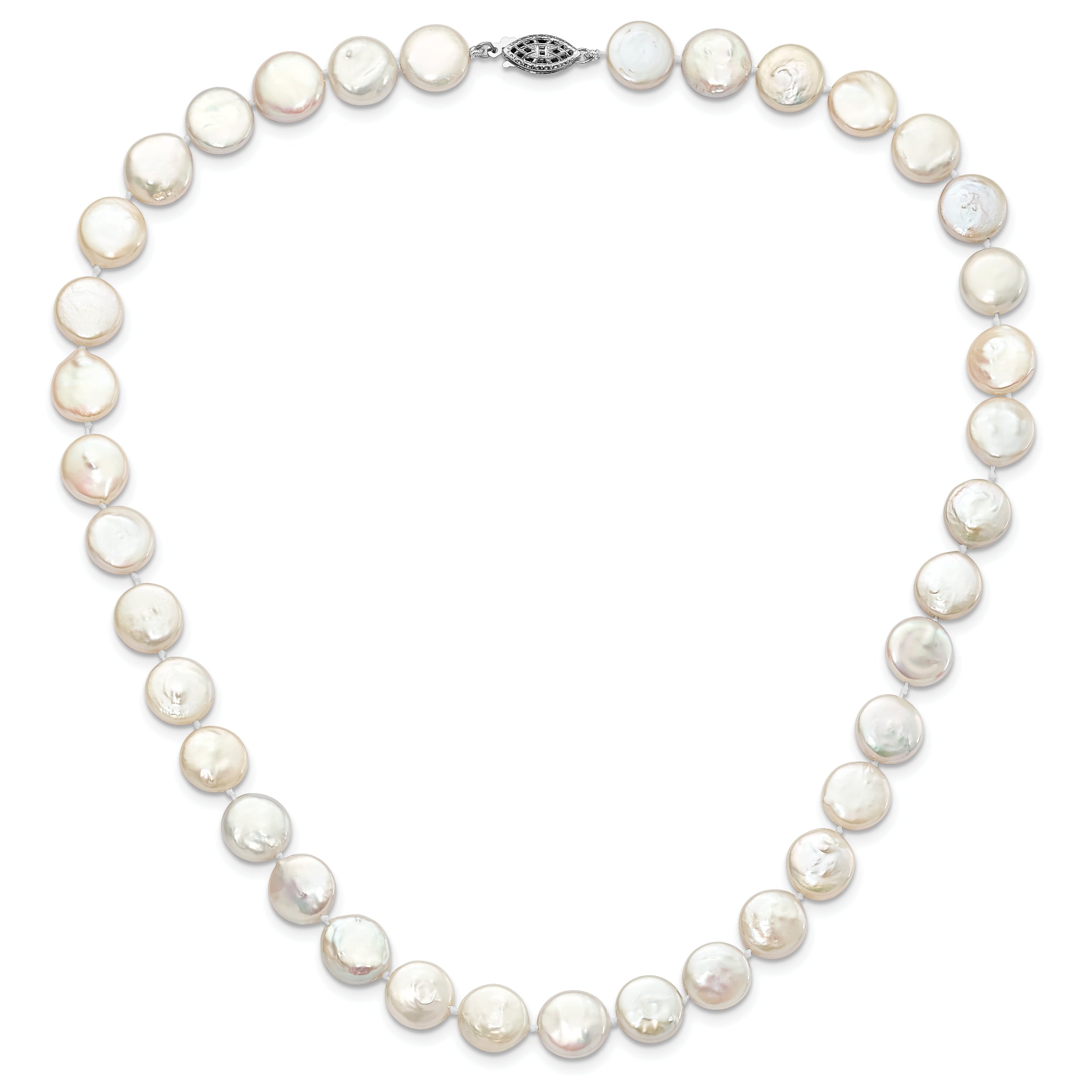 Sterling Silver Rhodium-plated 10-11mm White Coin Freshwater Cultured Pearl 18 inch Necklace