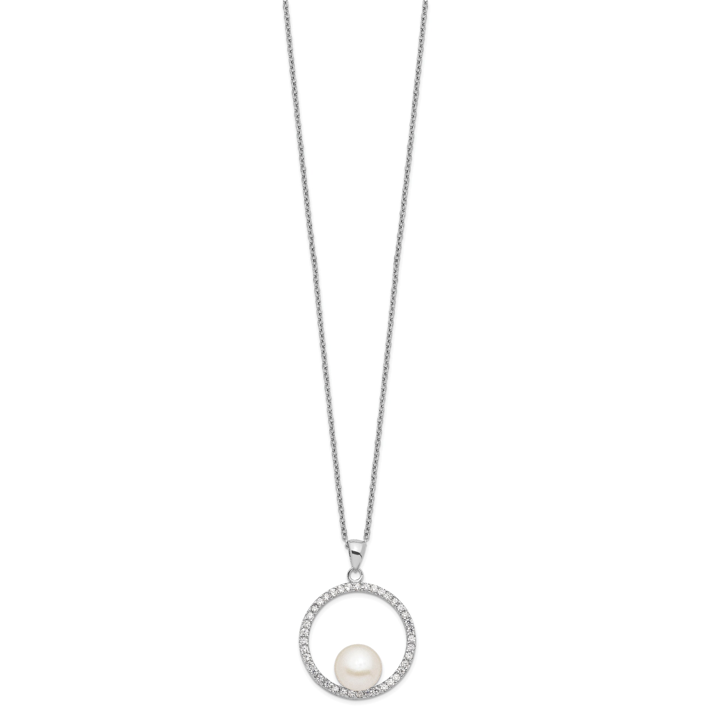 Sterling Silver Rhodium-plated 8-9mm White Button Freshwater Cultured Pearl and CZ 17 inch Necklace