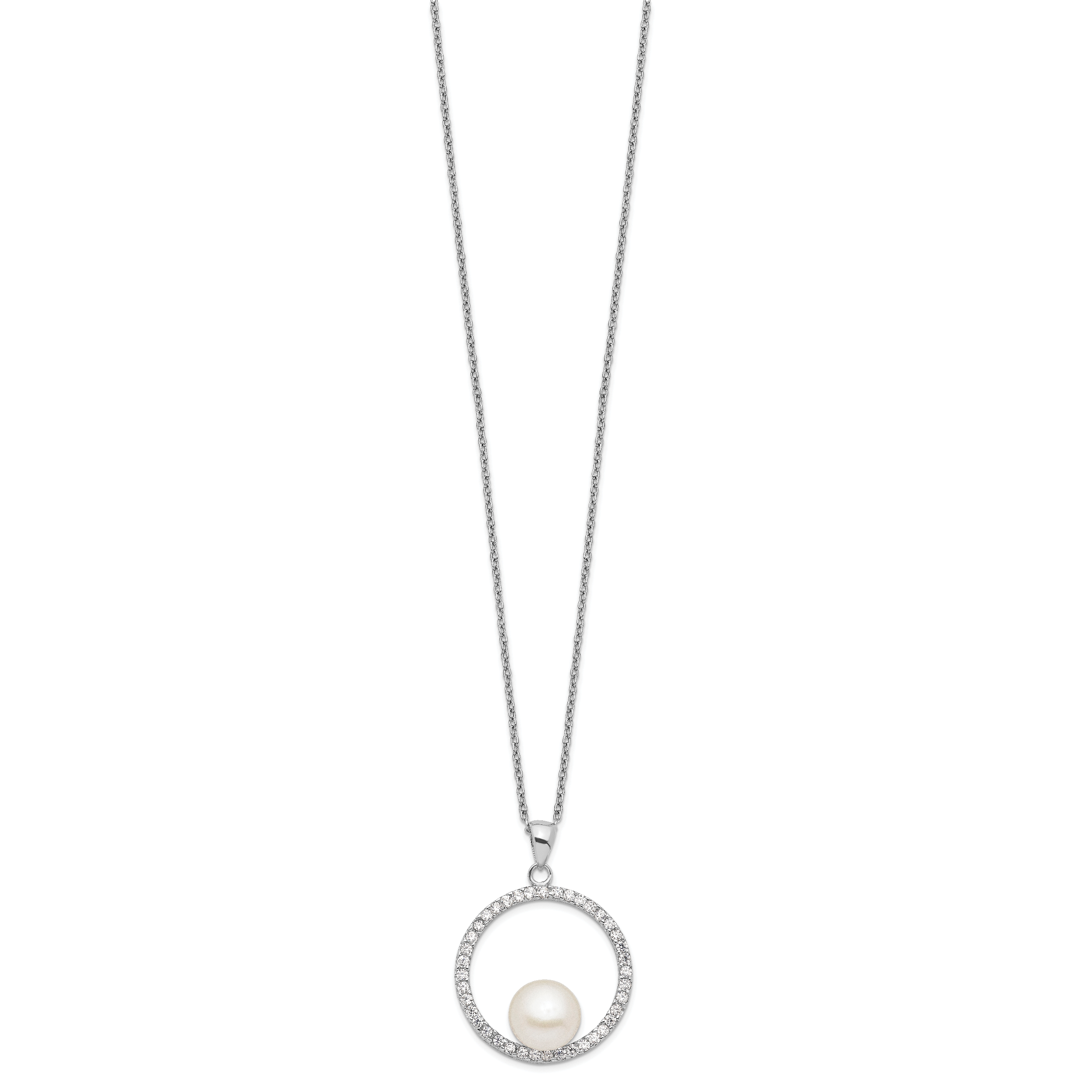 Sterling Silver Rhodium-plated 8-9mm White Button Freshwater Cultured Pearl and CZ 17 inch Necklace Secondary image