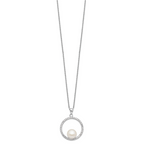 Sterling Silver Rhodium-plated 8-9mm White Button Freshwater Cultured Pearl and CZ 17 inch Necklace