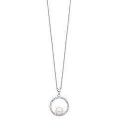 Sterling Silver Rhodium-plated 8-9mm White Button Freshwater Cultured Pearl and CZ 17 inch Necklace