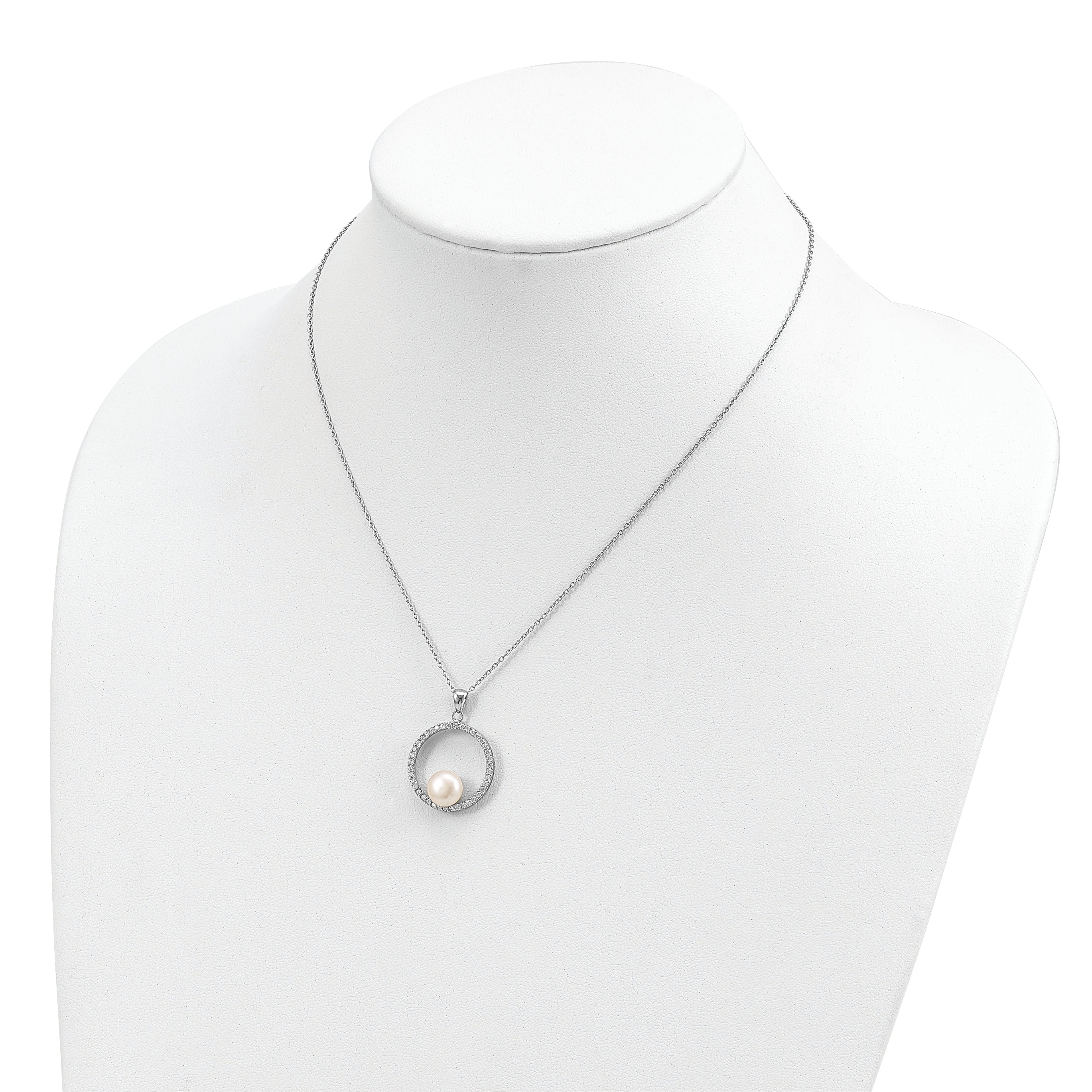 Sterling Silver Rhodium-plated 8-9mm White Button Freshwater Cultured Pearl and CZ 17 inch Necklace