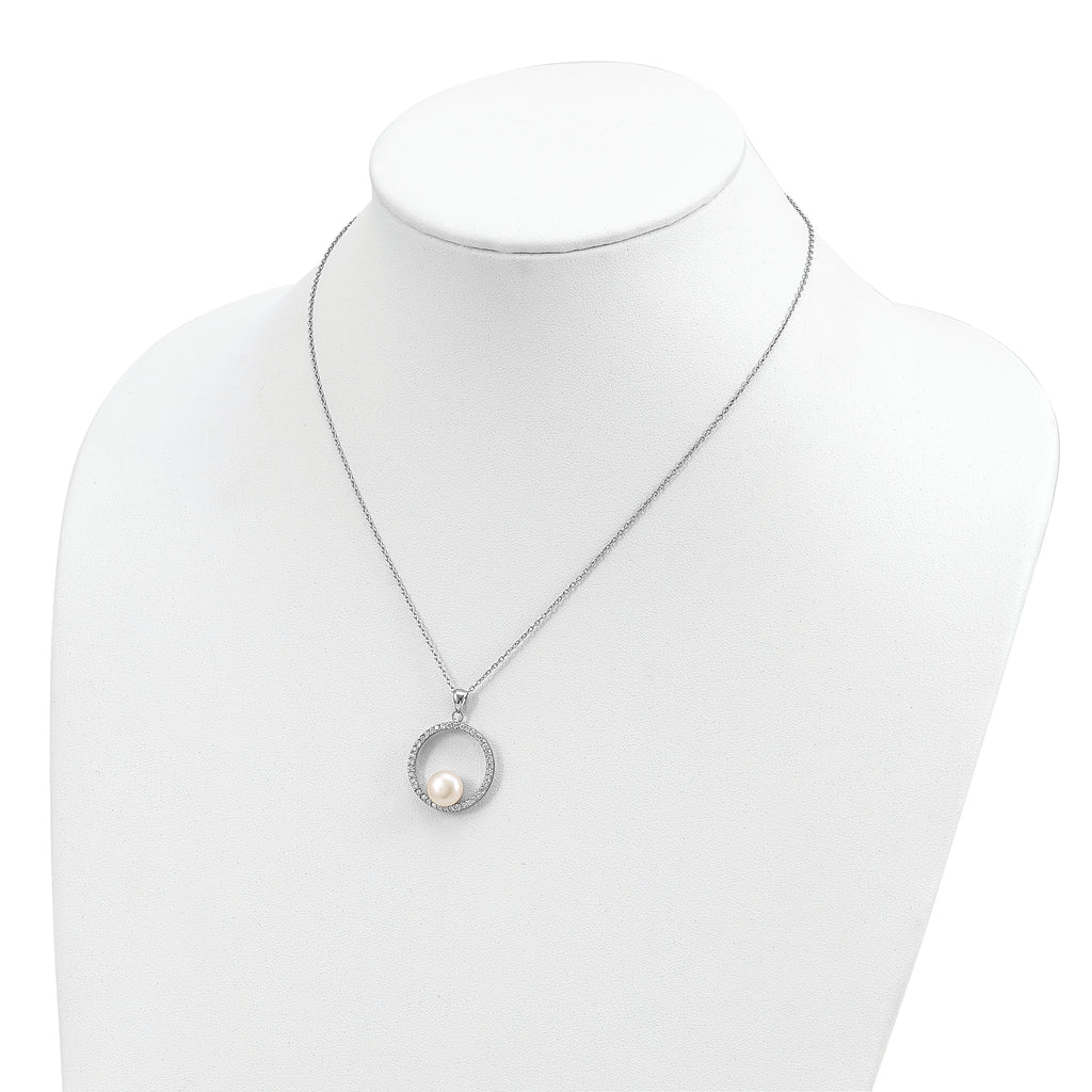 Sterling Silver Rhodium-plated 8-9mm White Button Freshwater Cultured Pearl and CZ 17 inch Necklace