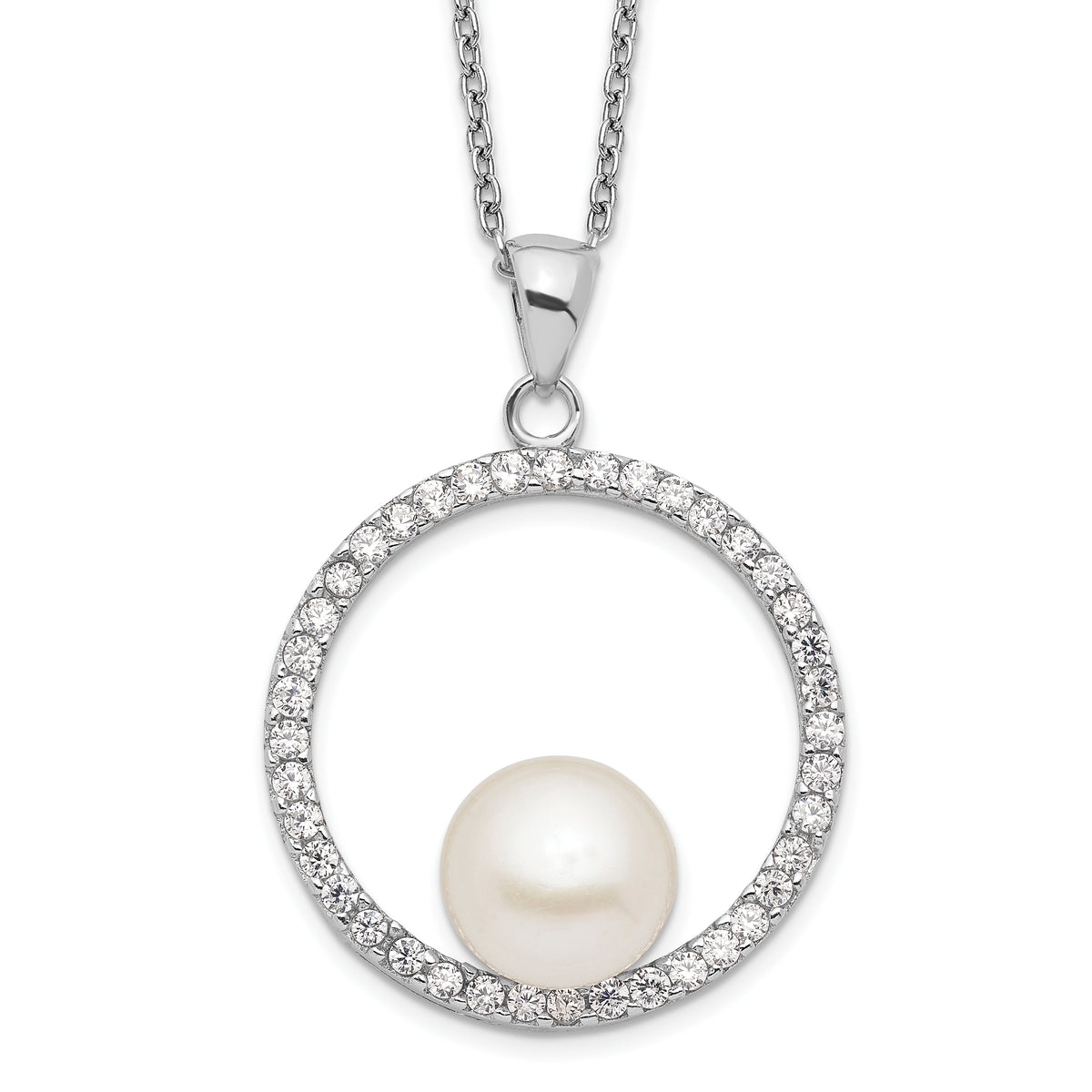 Sterling Silver Rhodium-plated 8-9mm White Button Freshwater Cultured Pearl and CZ 17 inch Necklace