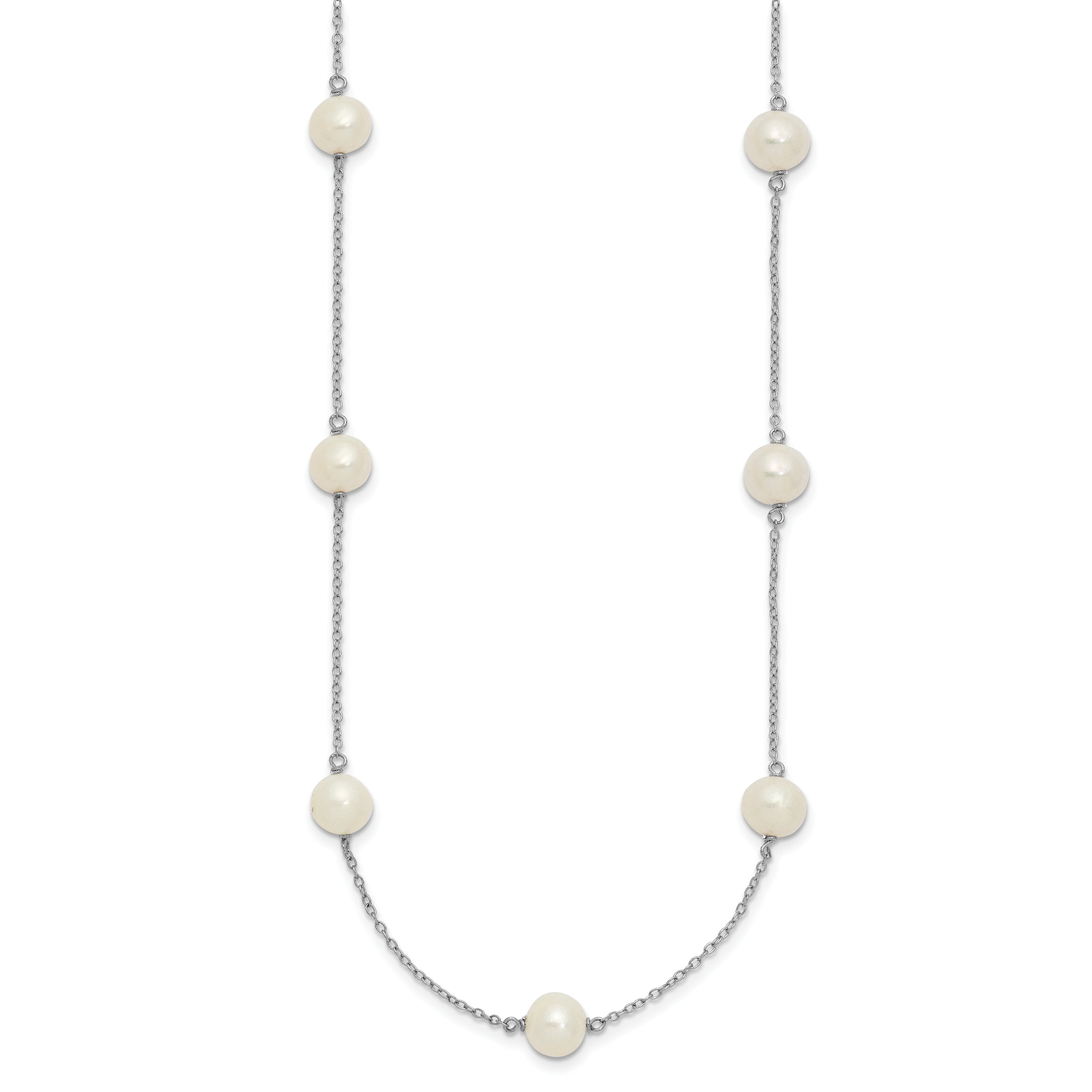 Sterling Silver Rhodium-plated 7-8mm White Near Round Freshwater Cultured Pearl 9-station 20 inch Necklace