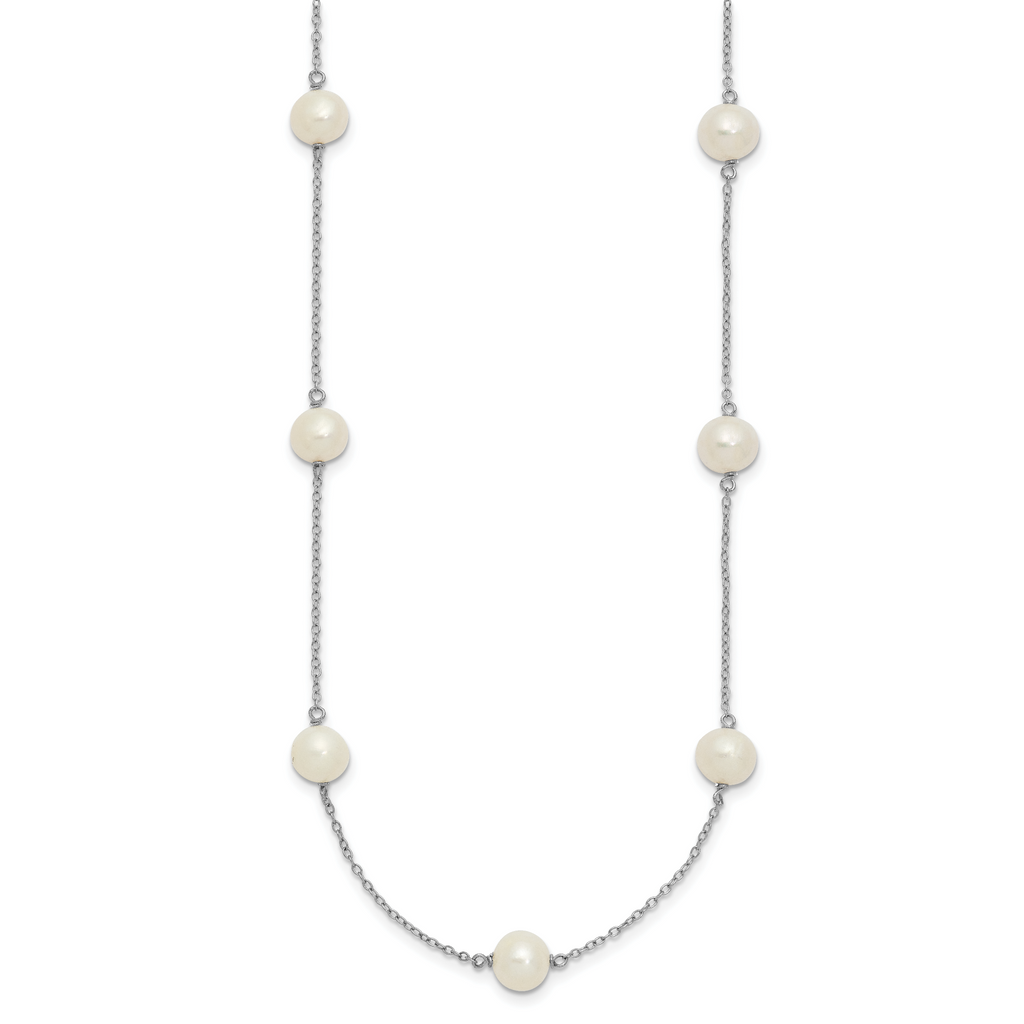 Sterling Silver Rhodium-plated 7-8mm White Near Round Freshwater Cultured Pearl 9-station 20 inch Necklace