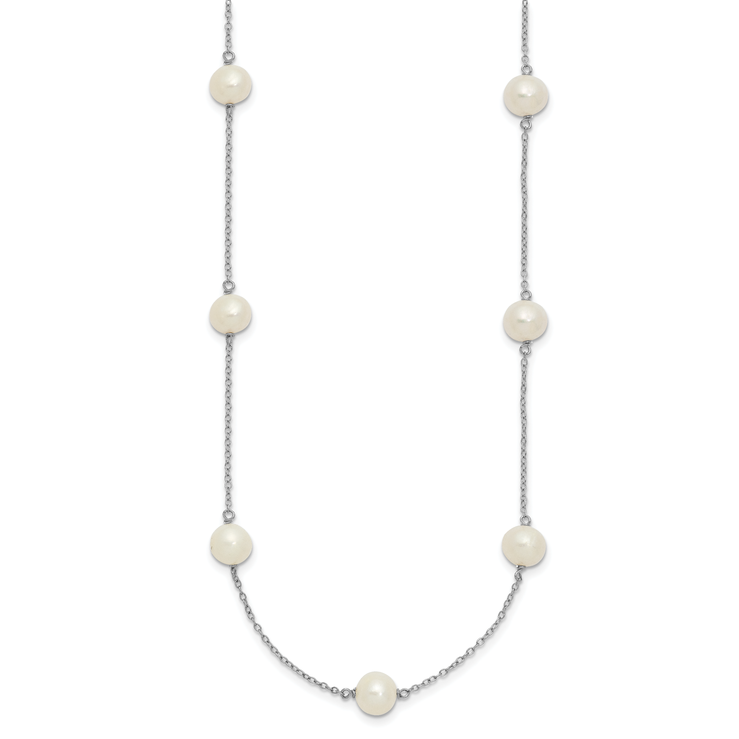 Sterling Silver Rhodium-plated 7-8mm White Near Round Freshwater Cultured Pearl 9-station 20 inch Necklace