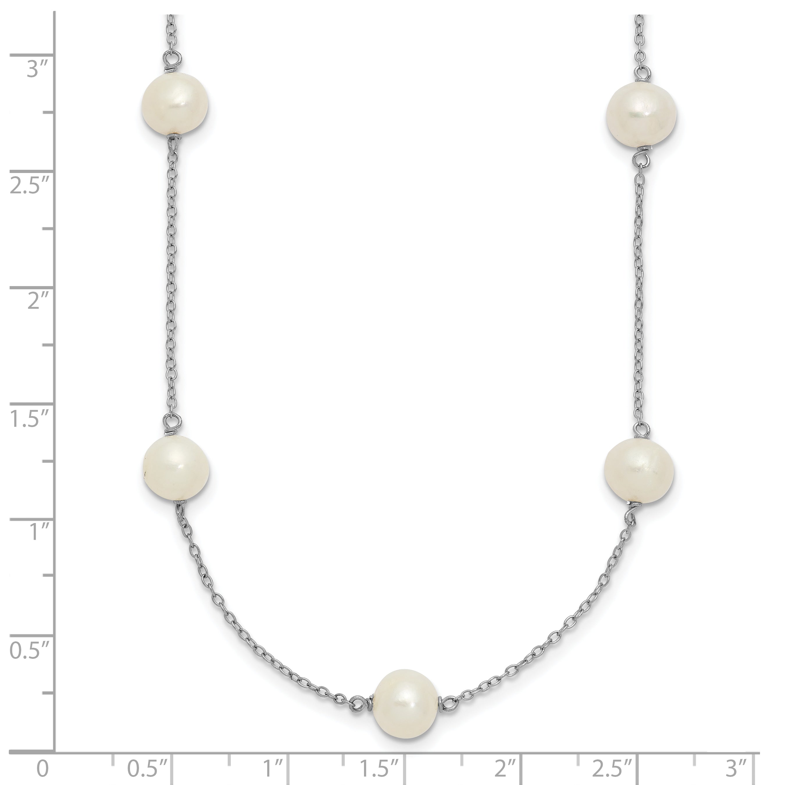 Sterling Silver Rhodium-plated 7-8mm White Near-Round Freshwater Cultured Pearl 9-Stations18 inch Necklace
