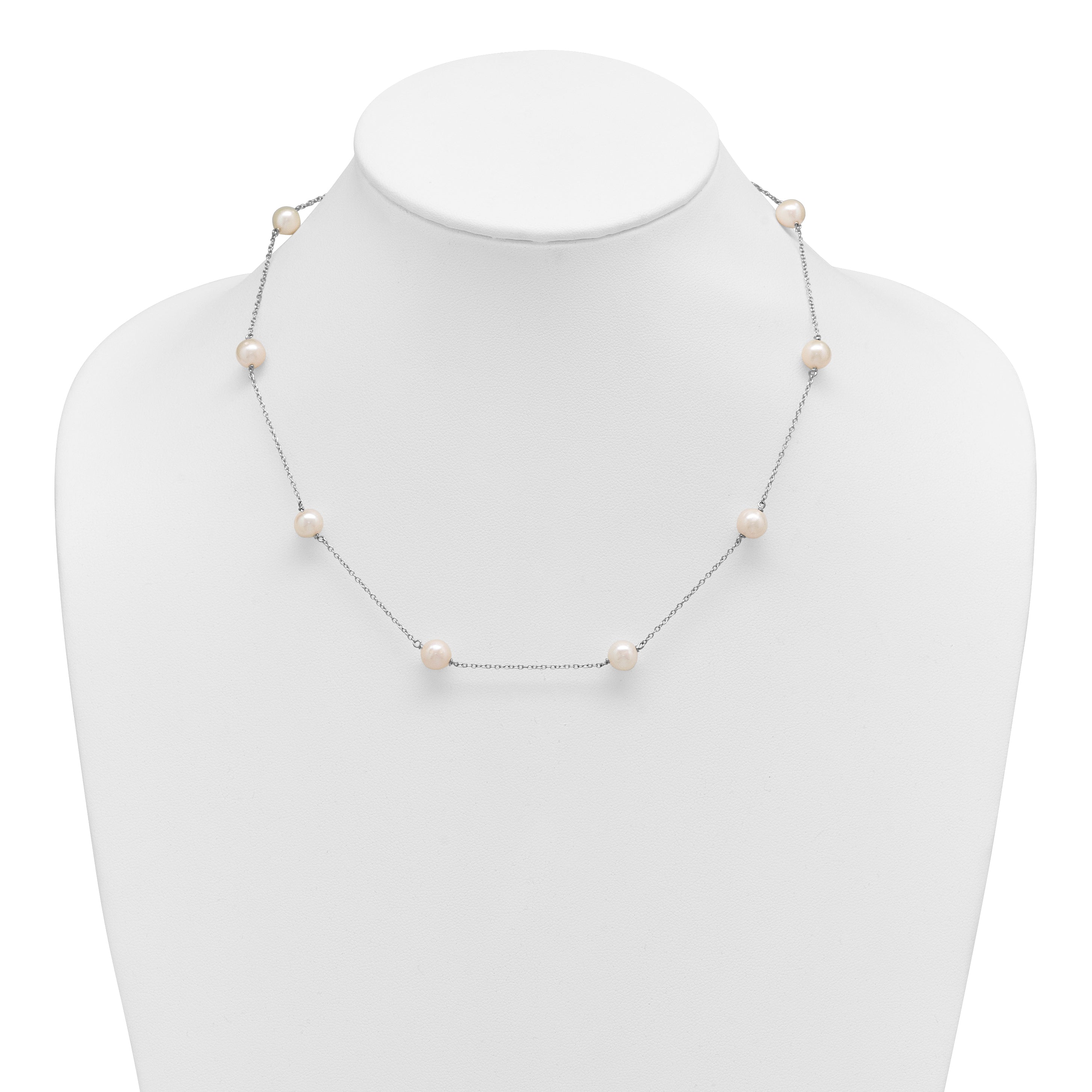 Sterling Silver Rhodium-plated 7-8mm White Near-Round Freshwater Cultured Pearl 9-Stations18 inch Necklace