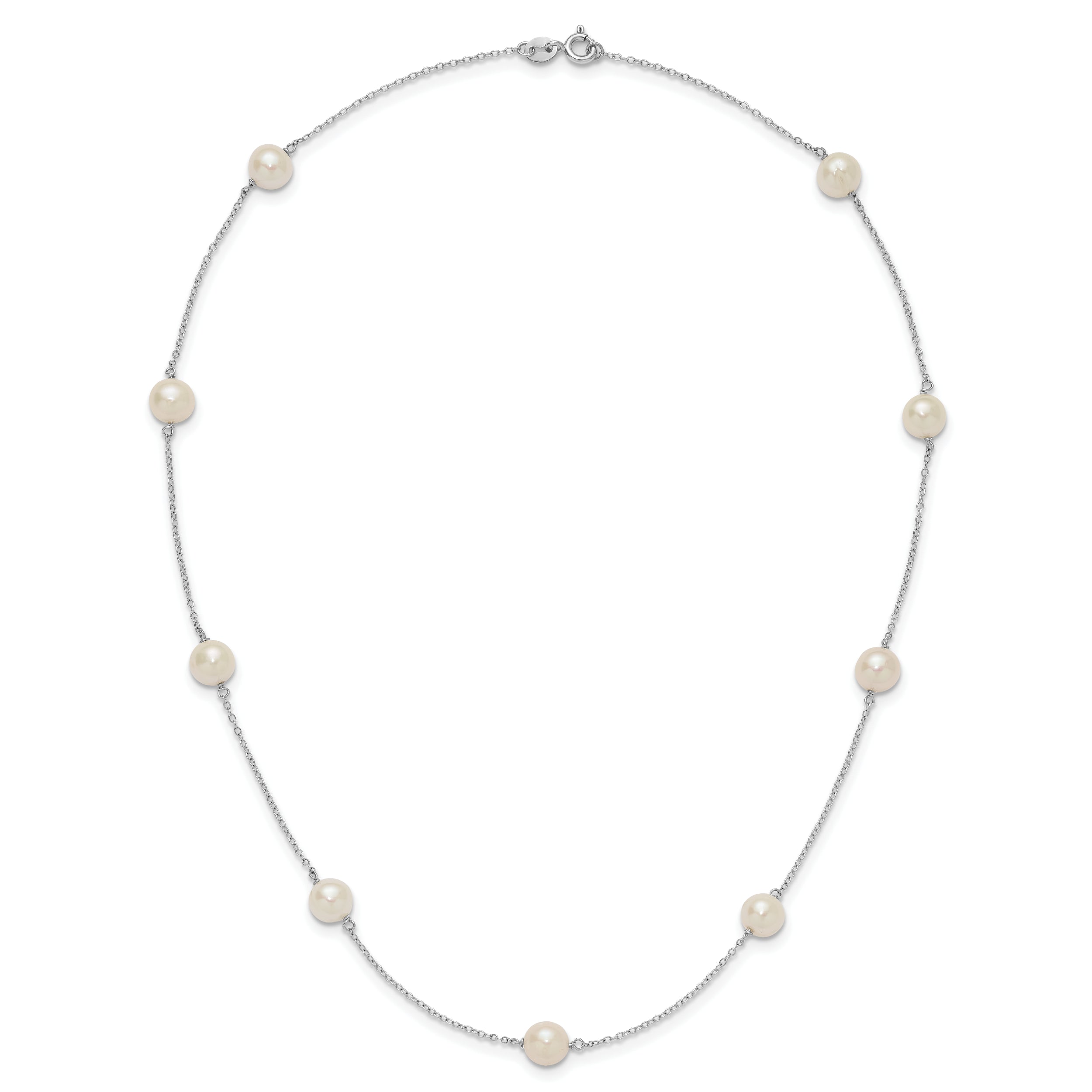 Sterling Silver Rhodium-plated 7-8mm White Near-Round Freshwater Cultured Pearl 9-Stations18 inch Necklace