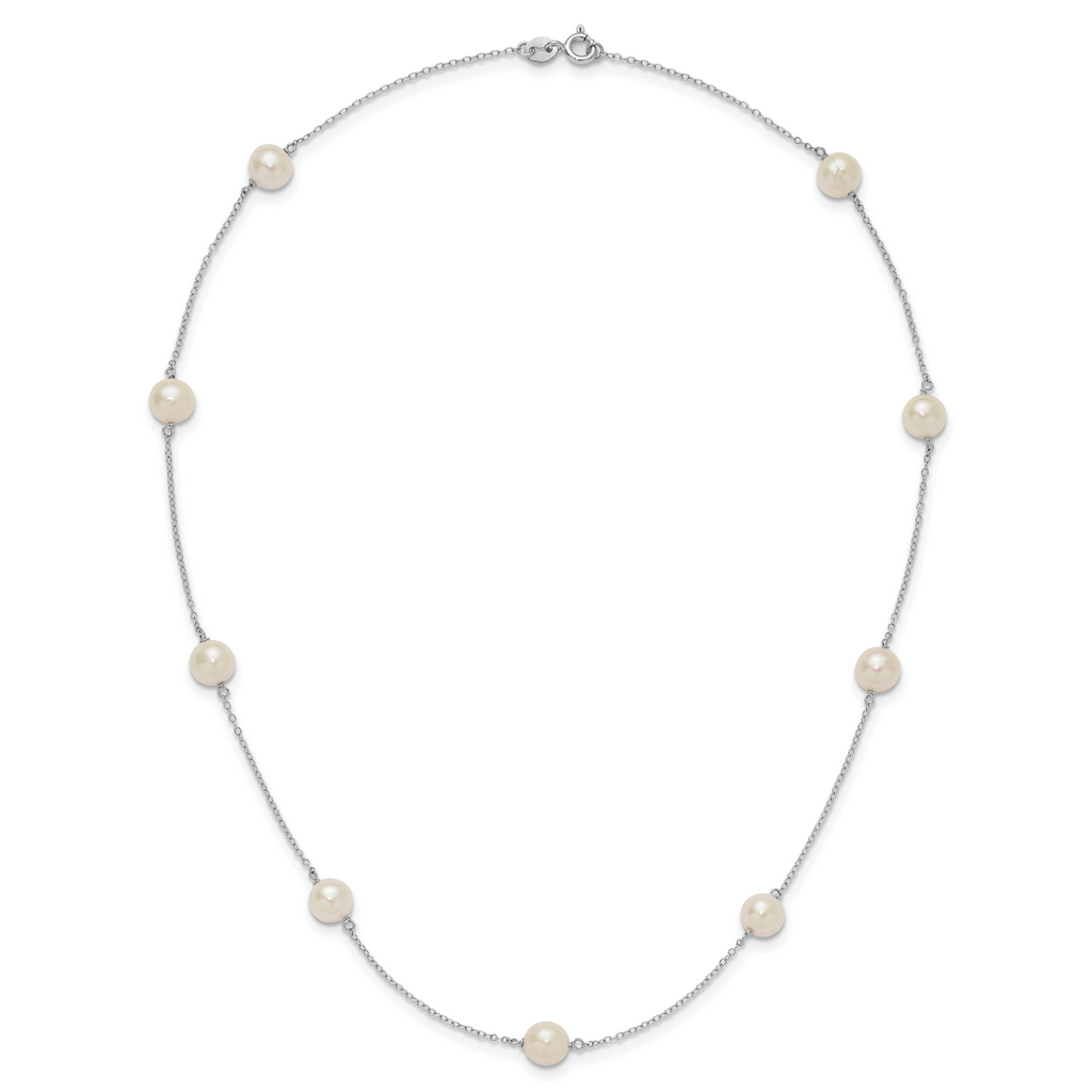 Sterling Silver Rhodium-plated 7-8mm White Near-Round Freshwater Cultured Pearl 9-Stations18 inch Necklace