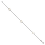 Sterling Silver Rhodium-plated 7-8mm White Semi-Round Freshwater Cultured Pearl 3-Station 7.5 inch Bracelet