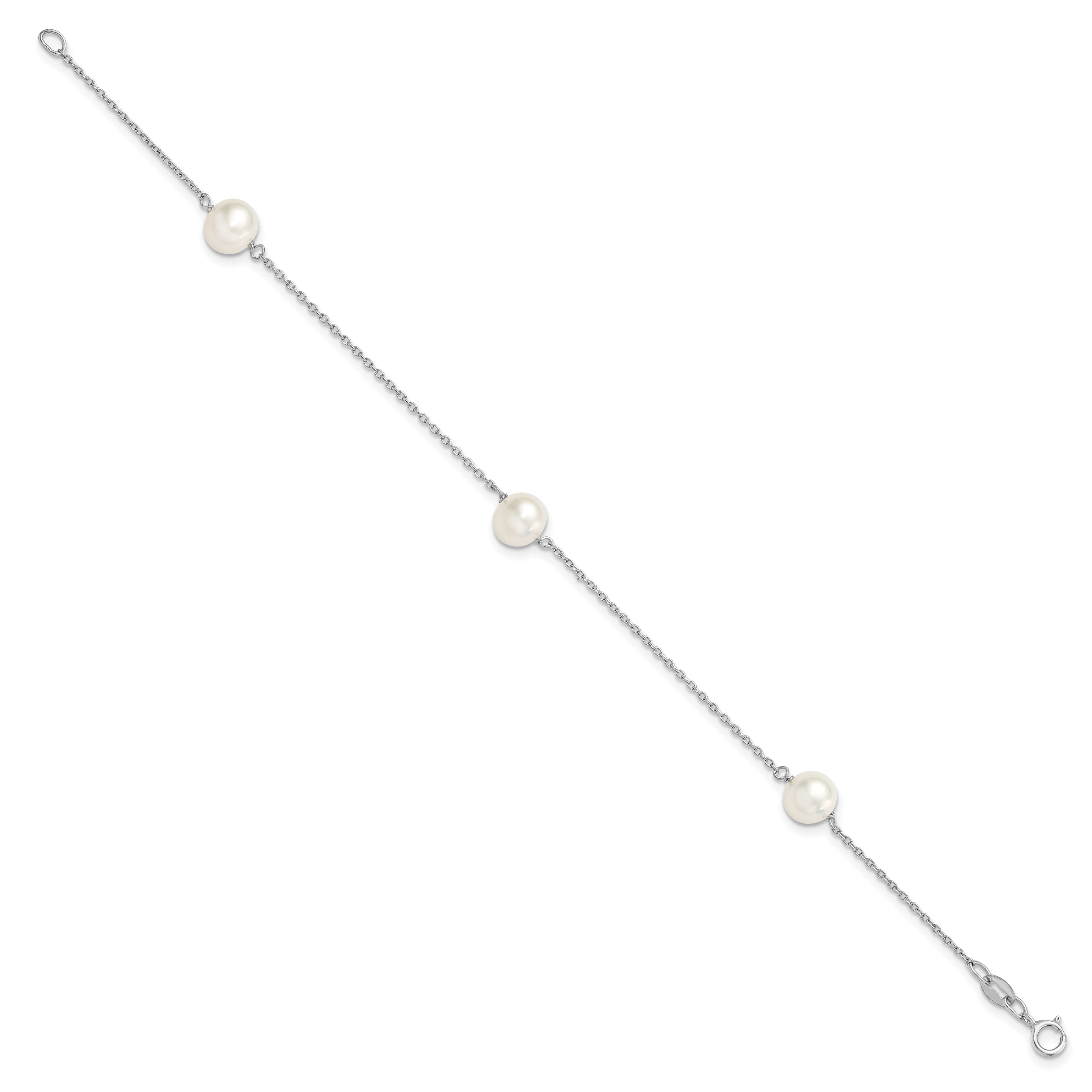 Sterling Silver Rhodium-plated 7-8mm White Semi-Round Freshwater Cultured Pearl 3-Station 7.5 inch Bracelet