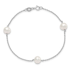 Sterling Silver Rhodium-plated 7-8mm White Semi-Round Freshwater Cultured Pearl 3-Station 7.5 inch Bracelet