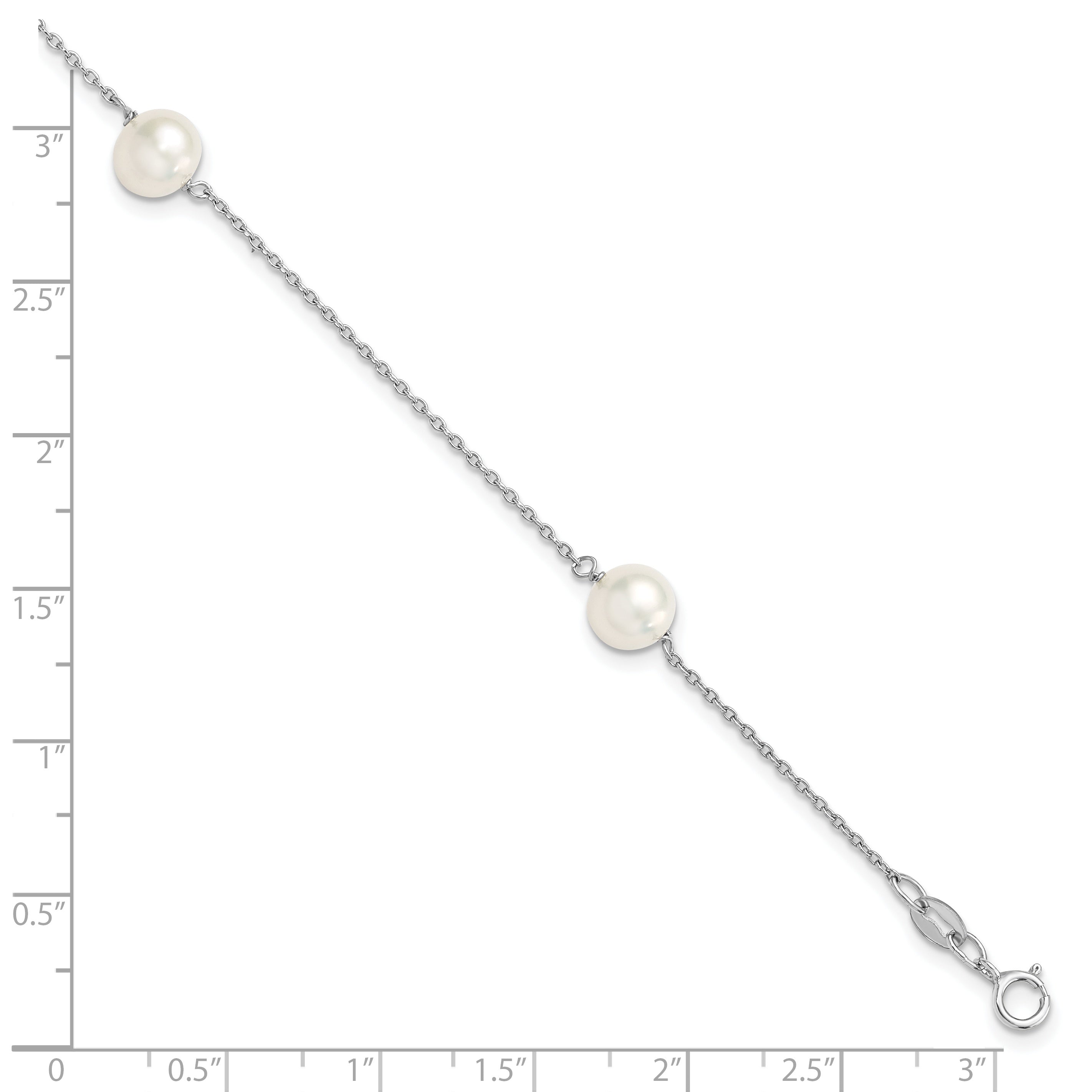 Sterling Silver Rhodium-plated 7-8mm White Semi-Round Freshwater Cultured Pearl 3-Station 7.5 inch Bracelet