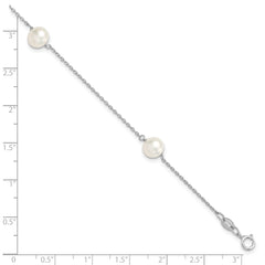 Sterling Silver Rhodium-plated 7-8mm White Semi-Round Freshwater Cultured Pearl 3-Station 7.5 inch Bracelet