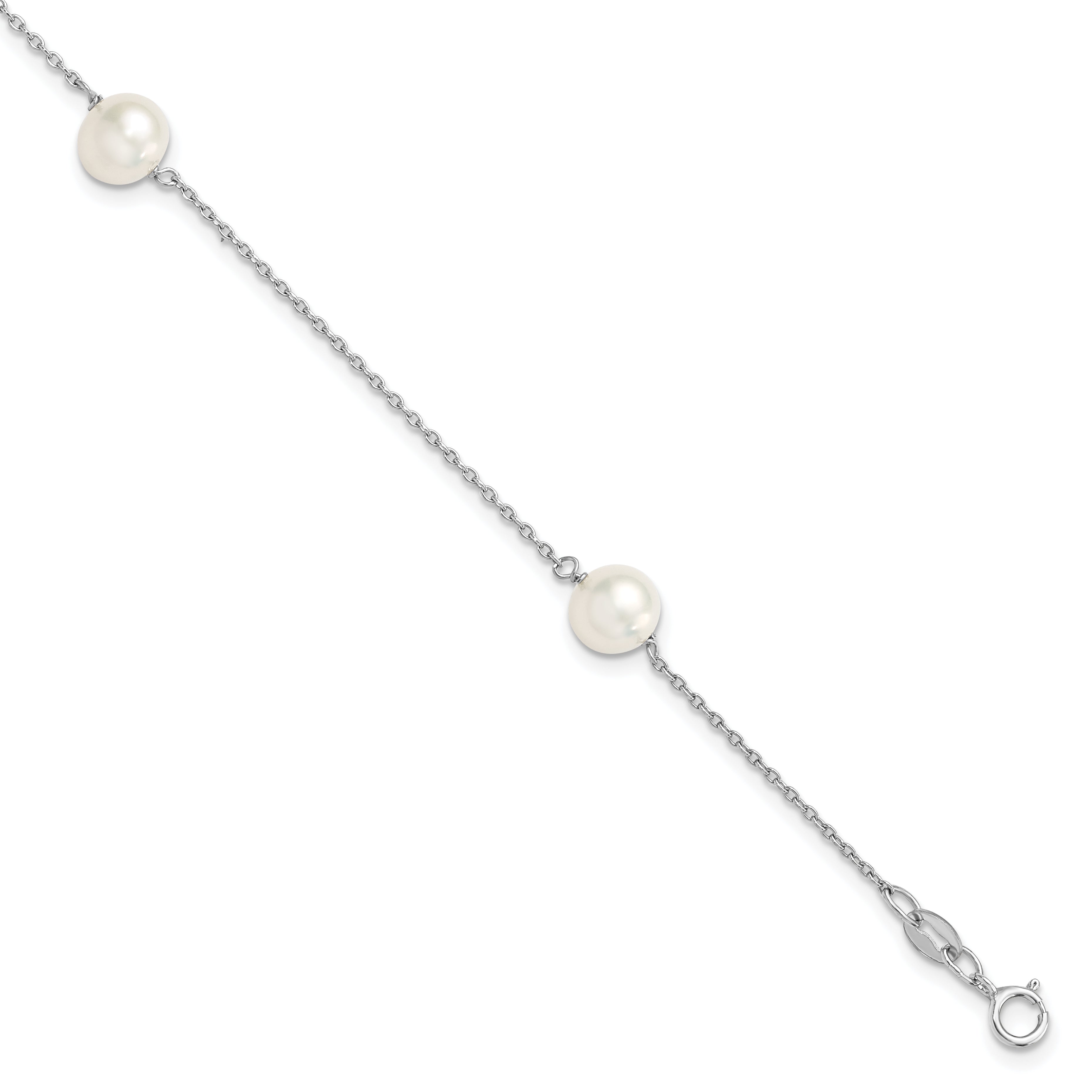 Sterling Silver Rhodium-Rhodium-Plated 7-8mm White Semi-Round Freshwater Cultured Pearl 3-Station 7.5 inch Bracelet
