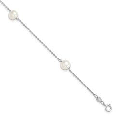 Sterling Silver Rhodium-Rhodium-Plated 7-8mm White Semi-Round Freshwater Cultured Pearl 3-Station 7.5 inch Bracelet