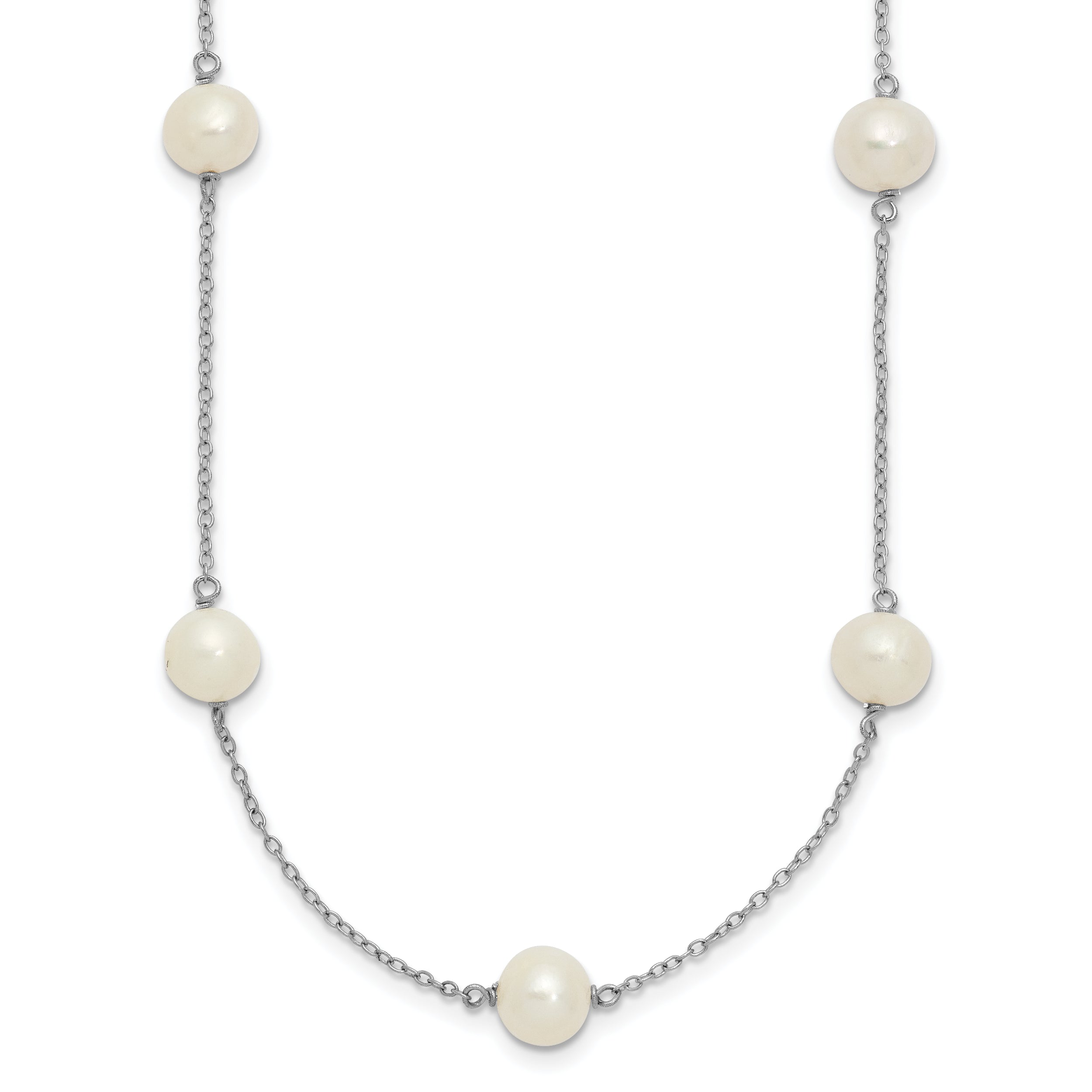 Sterling Silver Rhodium-plated 7-8mm White Near Round Freshwater Cultured Pearl 9-station 20 inch Necklace