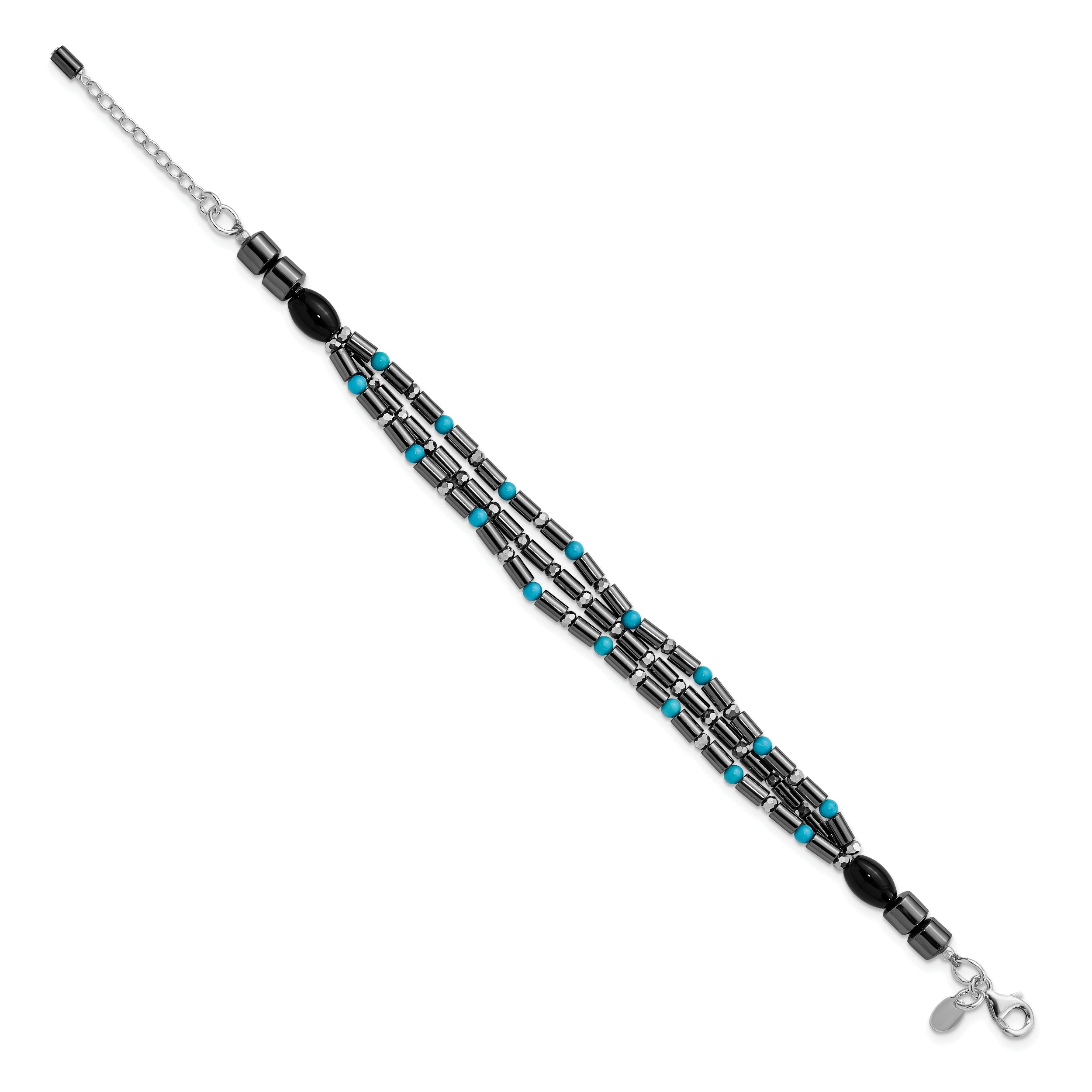 Sterling Silver Agate, Crystal, Hematite and Turquoise Multistrand With 1in ext Bracelet