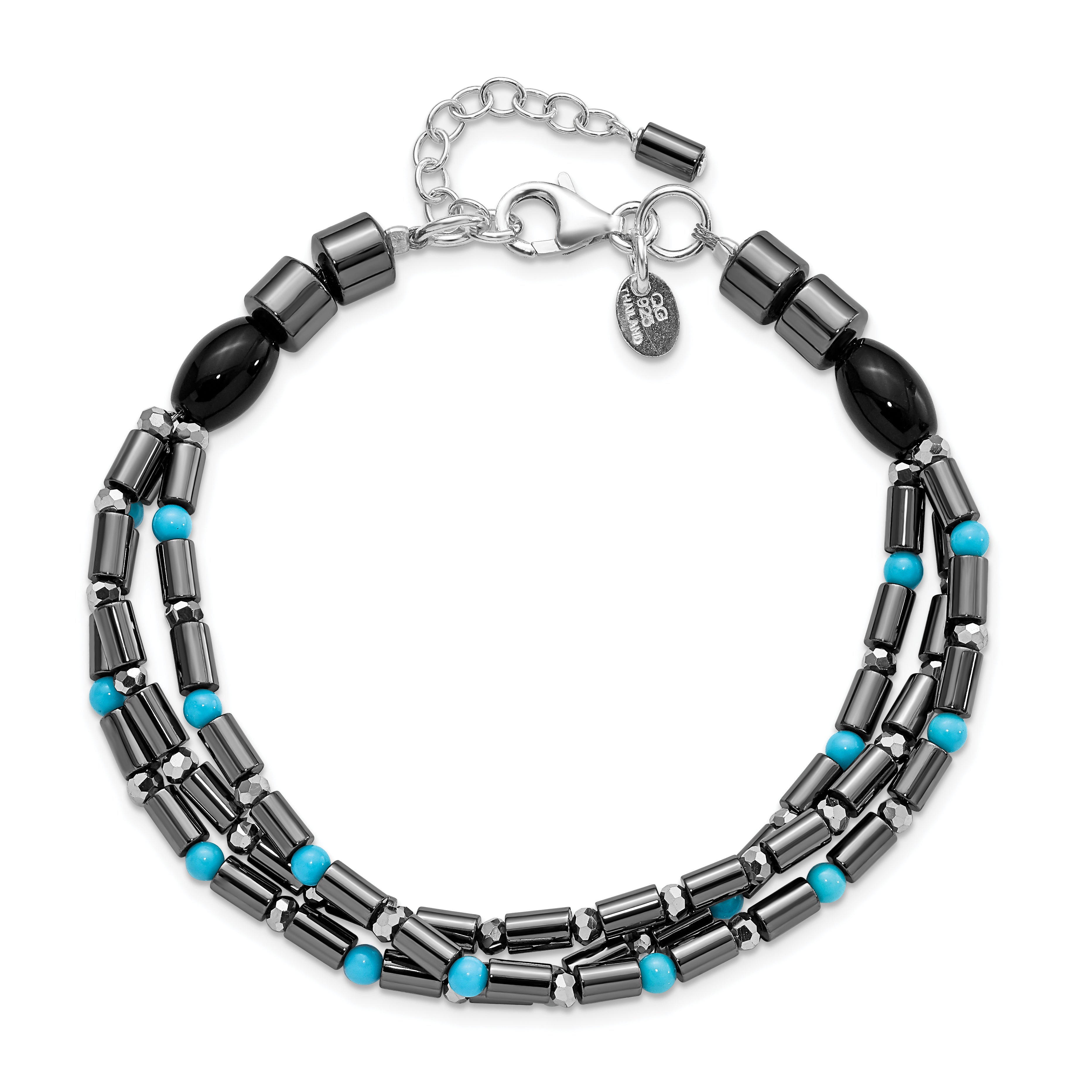 Sterling Silver Agate, Crystal, Hematite and Turquoise Multistrand With 1in ext Bracelet