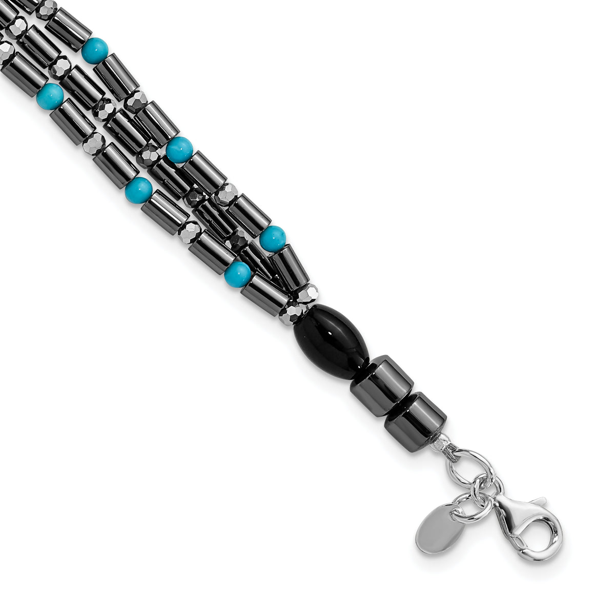 Sterling Silver Agate, Crystal, Hematite and Turquoise Multistrand With 1in ext Bracelet