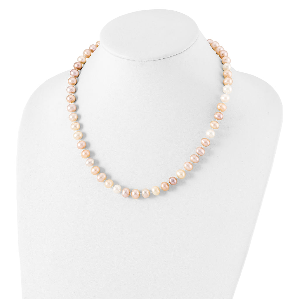 Sterling Silver Rhodium-plated 8-9mm Multi-color Near-Round Freshwater Cultured Pearl 20 inch Necklace