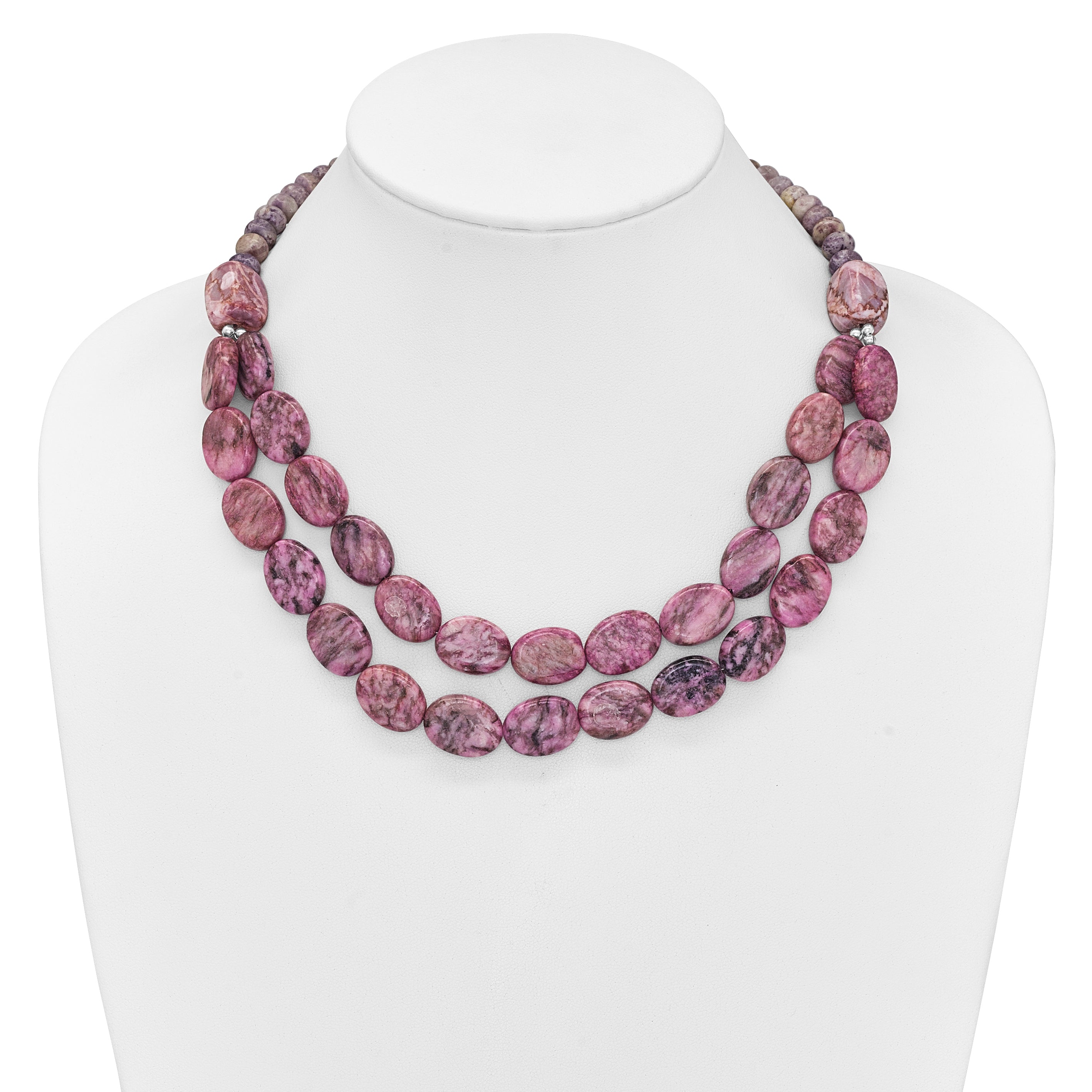 Sterling Silver Charoite, Jade, Pink and Purple Jasper With 2in ext Necklace